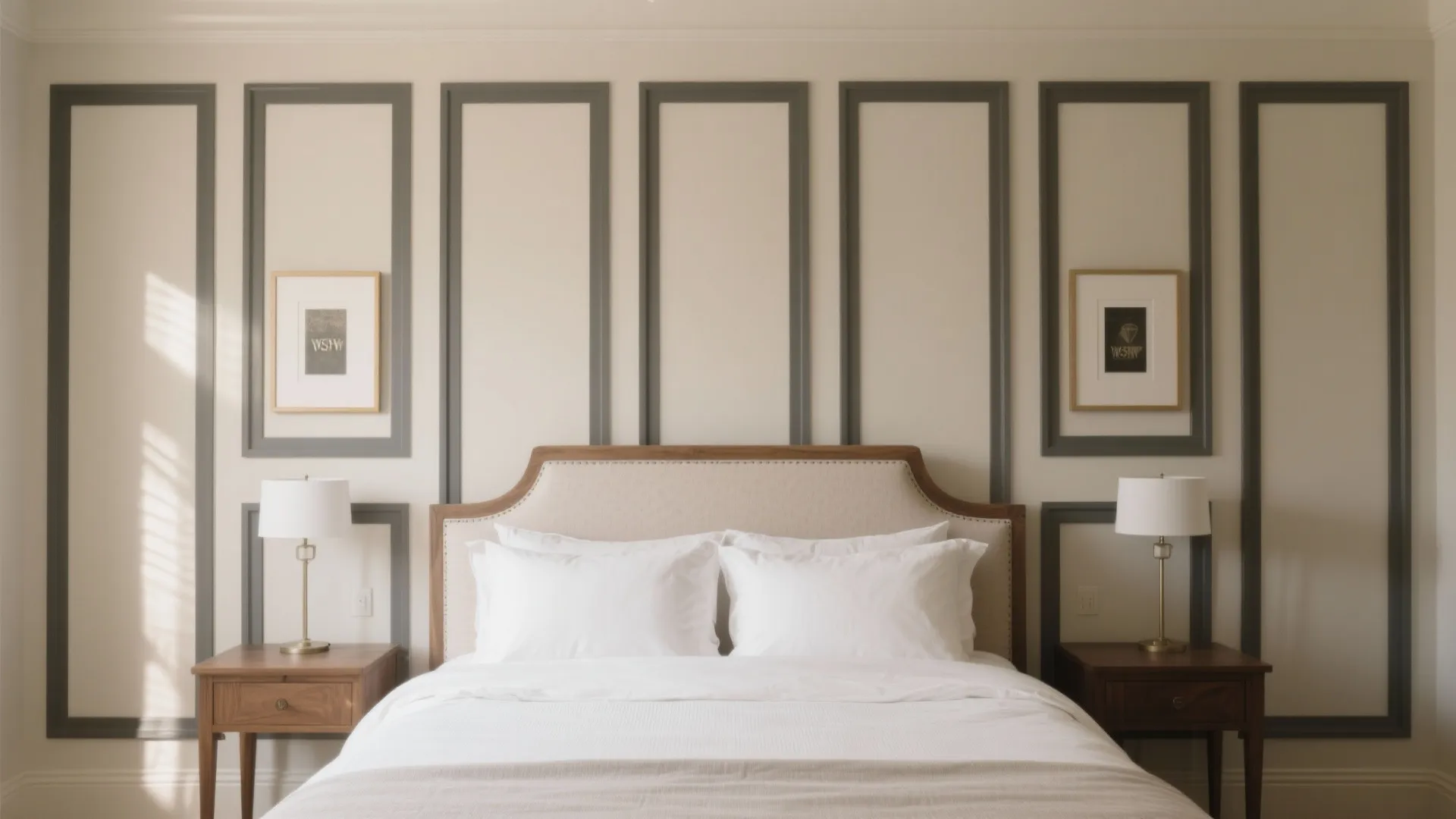 Bedroom with beige bed and white pillows featuring grey wall panel design and wooden side tables