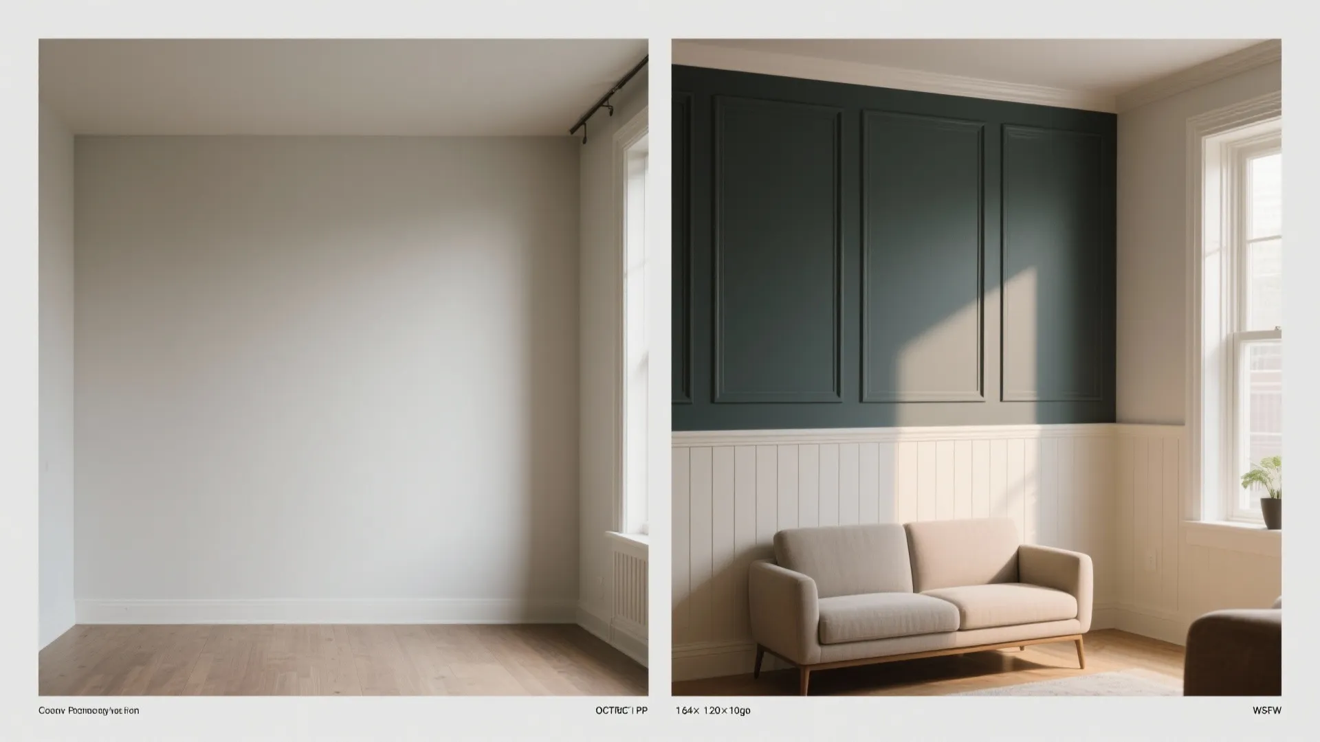 Before and after comparison of empty room transformed with dark green wall panel and sofa