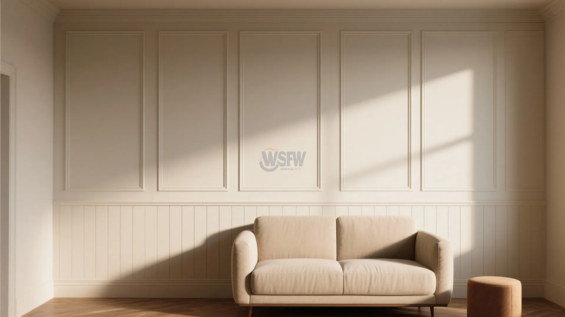 Feature wall with faux paneling stencil effect in eggshell finish, soft shadows revealing subtle depth.