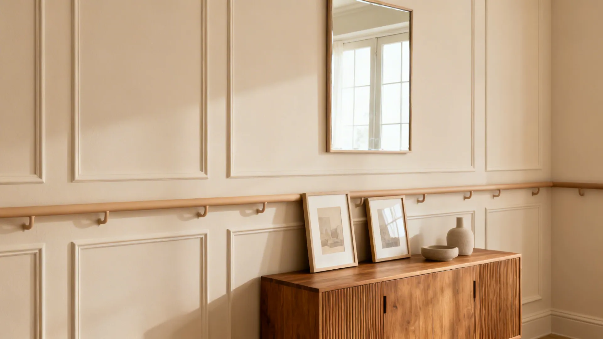 Living room wall with tone-on-tone faux paneling grid framing art and mirror.