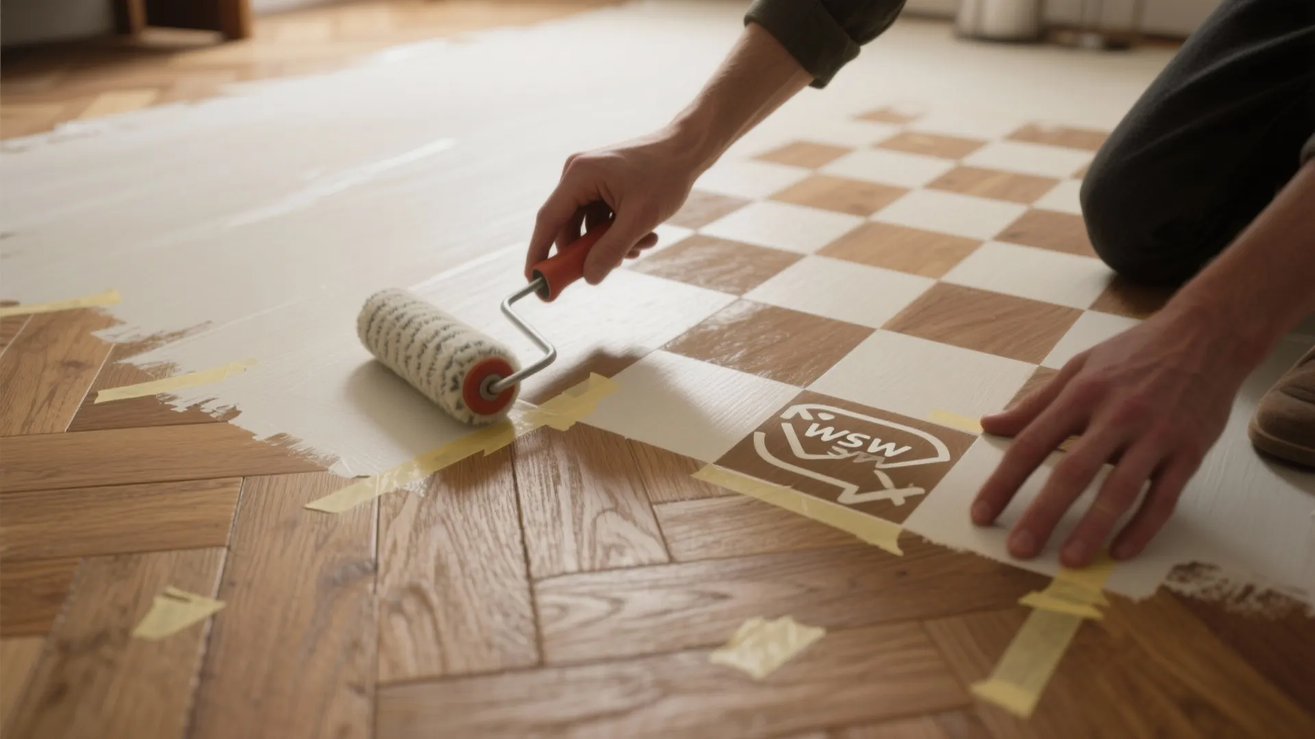 A person painting white checkerboard patterns on a wood floor using a small paint roller
