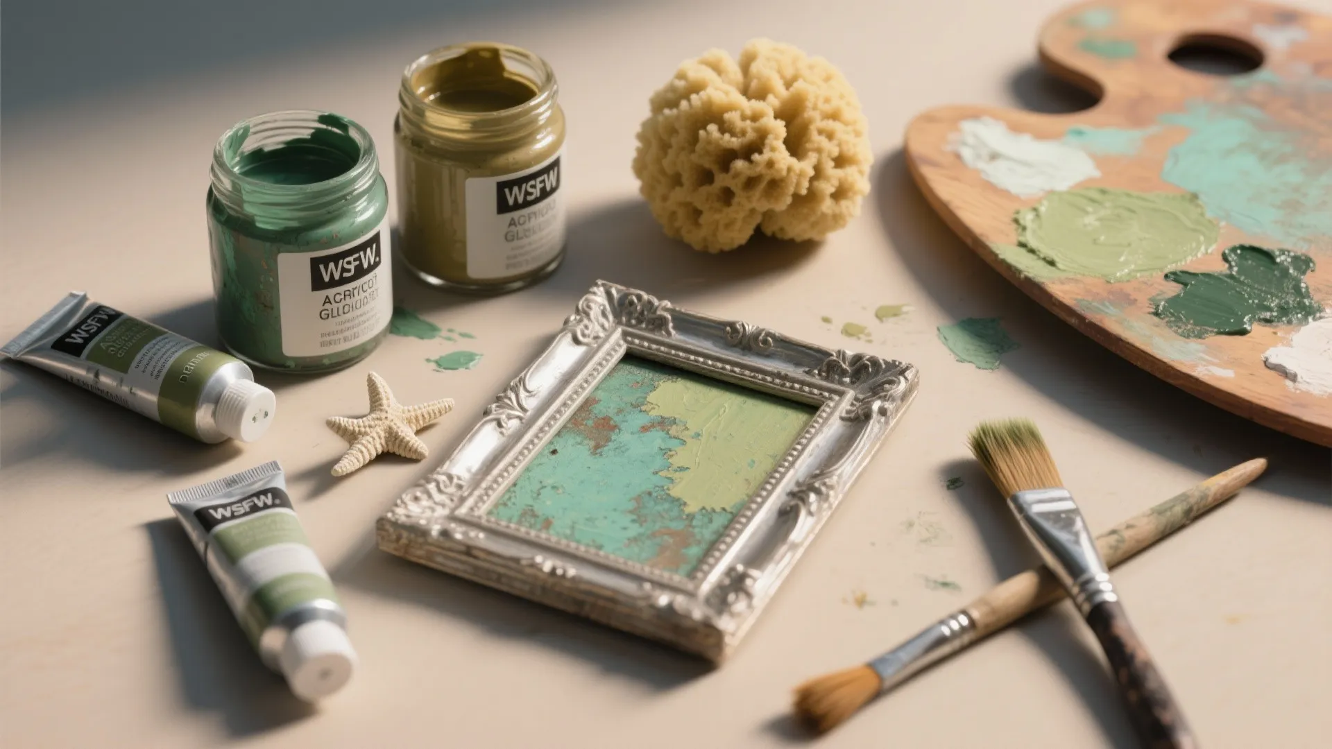 Small silver frame with green paint next to jars of paint brushes and wood palette