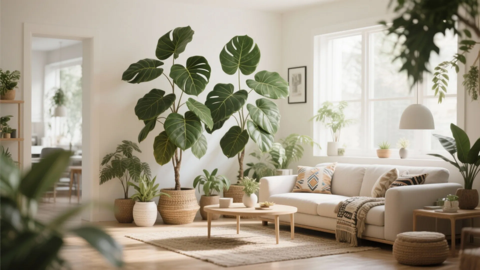 Living room with realistic faux plants and natural textures