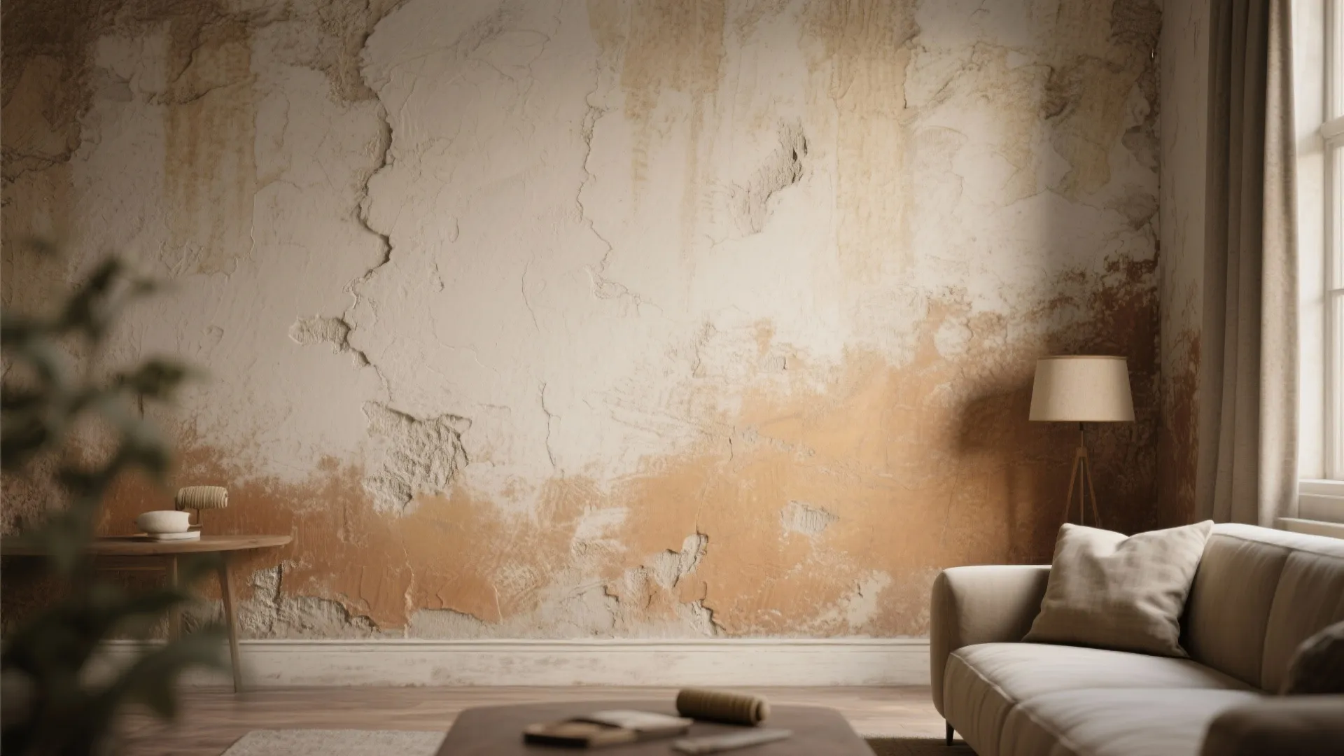 Living room interior featuring a beige sofa floor lamp and a large decorative weathered plaster wall