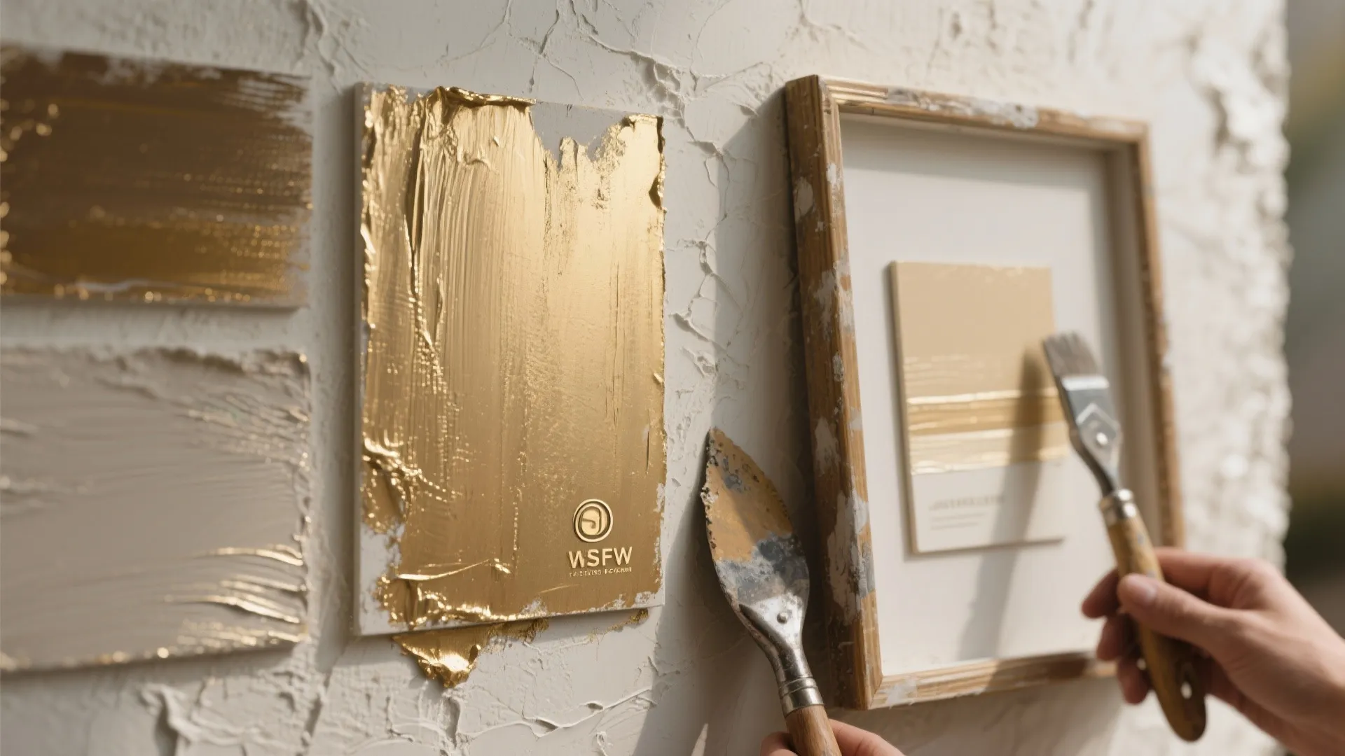 Close-up of faux plaster wall with a soft metallic wash, showing texture and layered glaze.