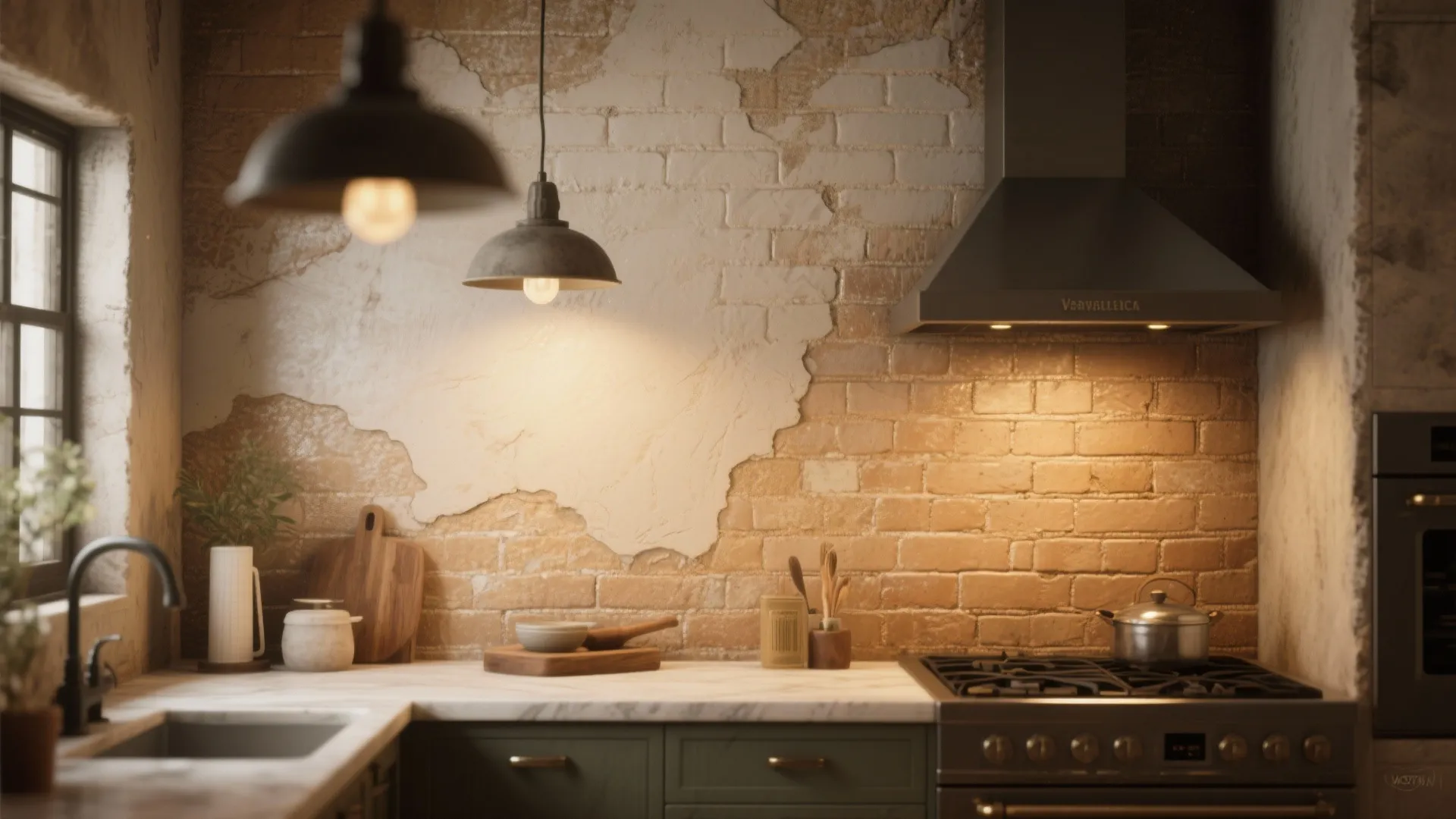 Kitchen accent wall with faux plaster Venetian glaze applied over cinder block, warm tactile sheen and layered depth.