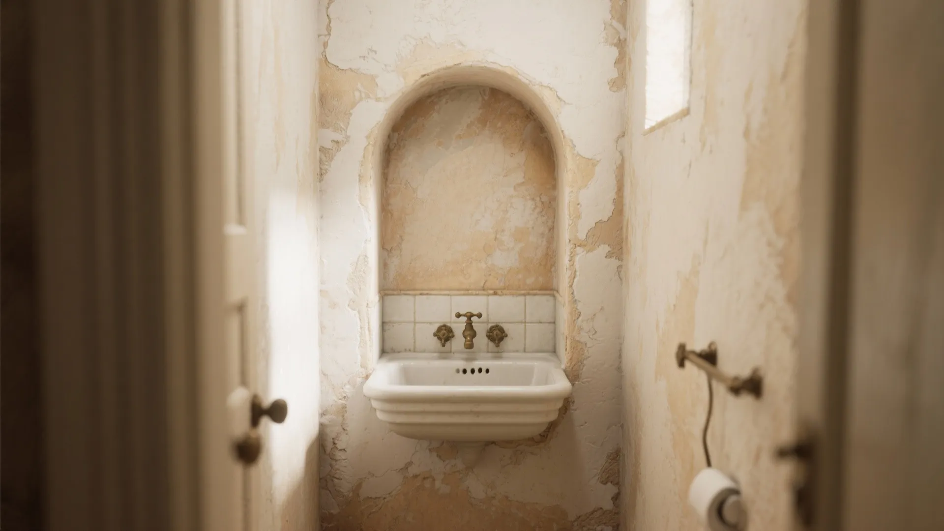 Small vintage bathroom with white sink under arched niche and textured plaster wall finish ideas
