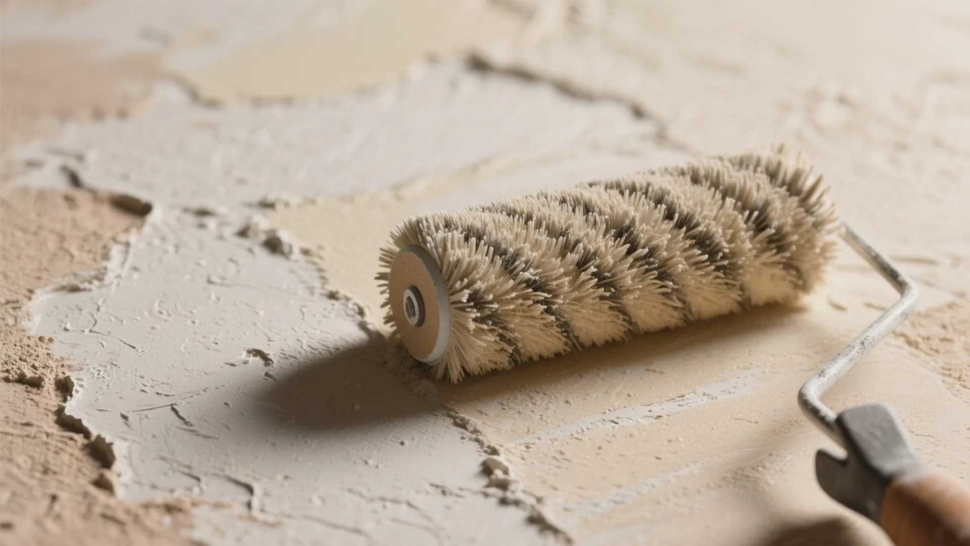 Close up of a paint roller on a beige textured wall surface during home renovation