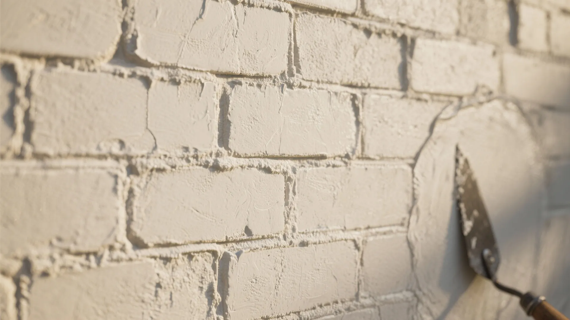 Close up of a metal tool applying thick white plaster onto a textured brick wall