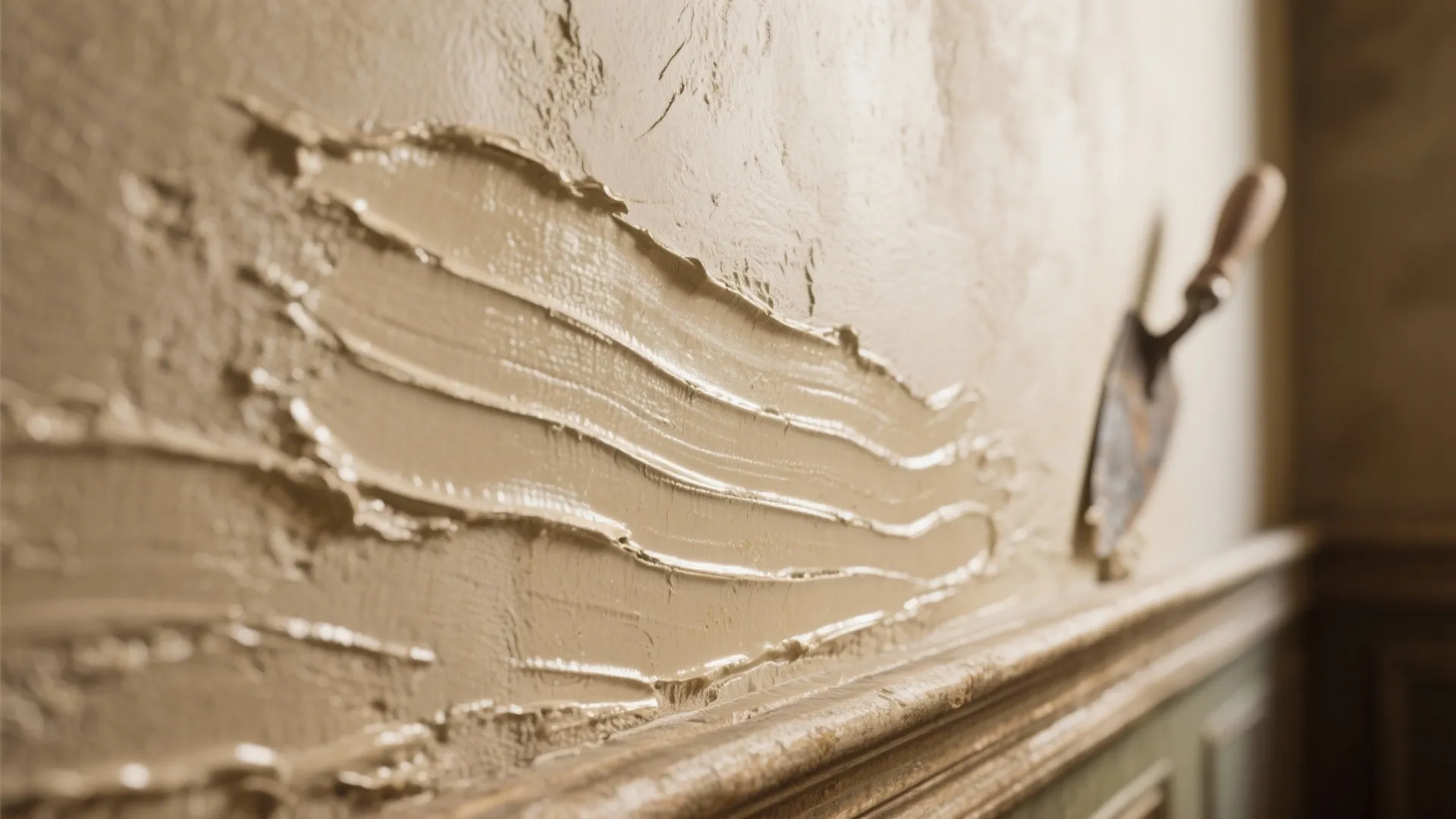 Close up of wet plaster being applied to a wall above a classic wood wall panel
