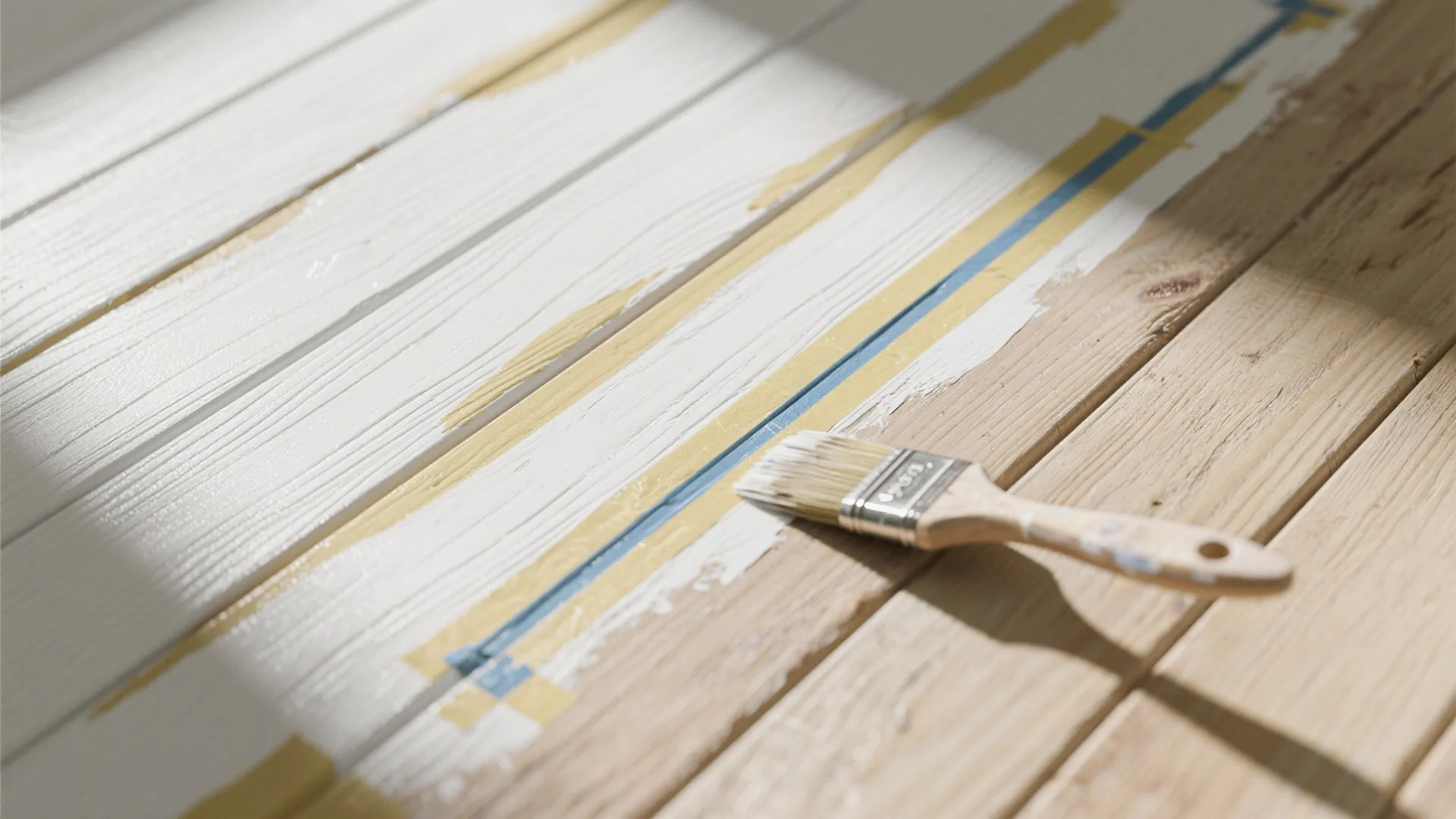 A small paint brush applying white paint onto a light brown wood wall panel surface