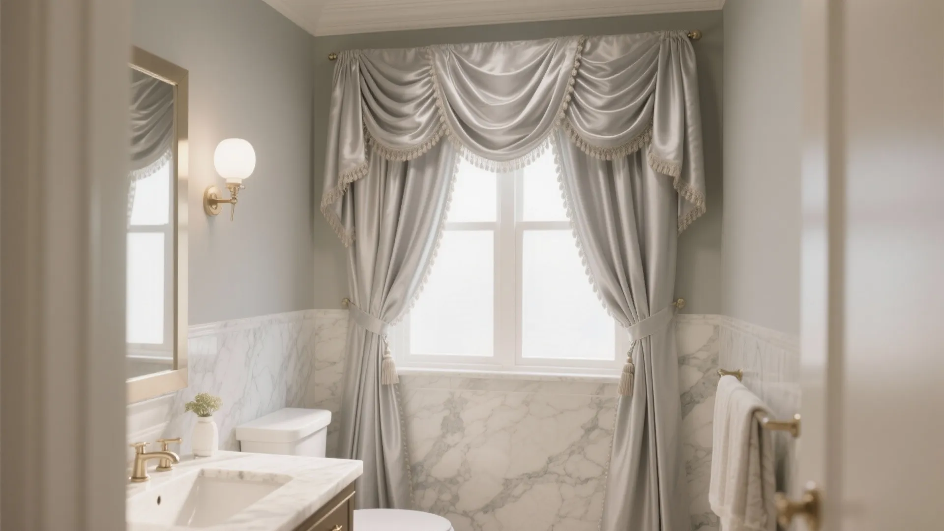 Elegant bathroom featuring silver silk curtains over a window and a marble vanity with mirror