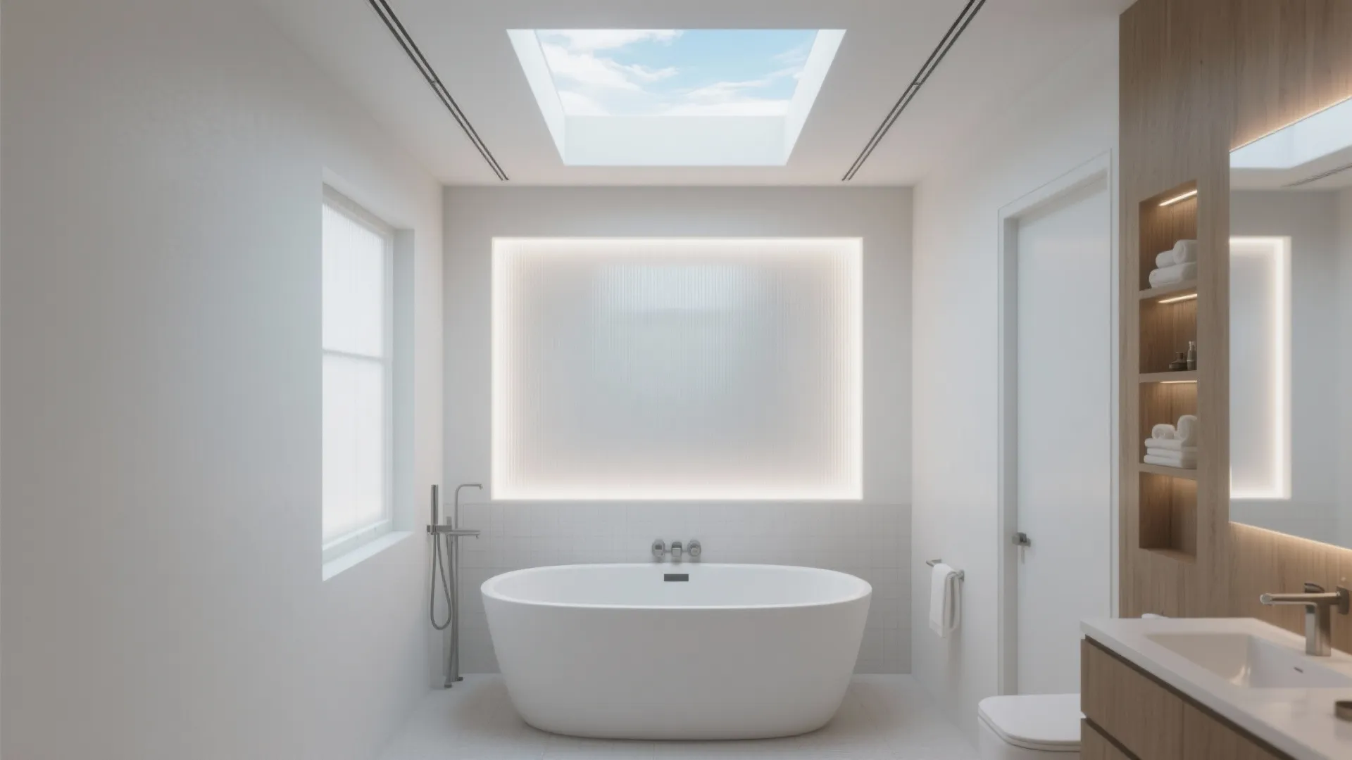 White minimalist bathroom with large bathtub and square roof window showing blue sky and clouds