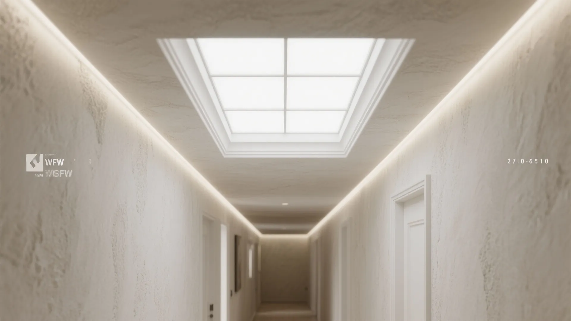 Windowless hall with faux skylight recess and subtle limewash plaster texture.