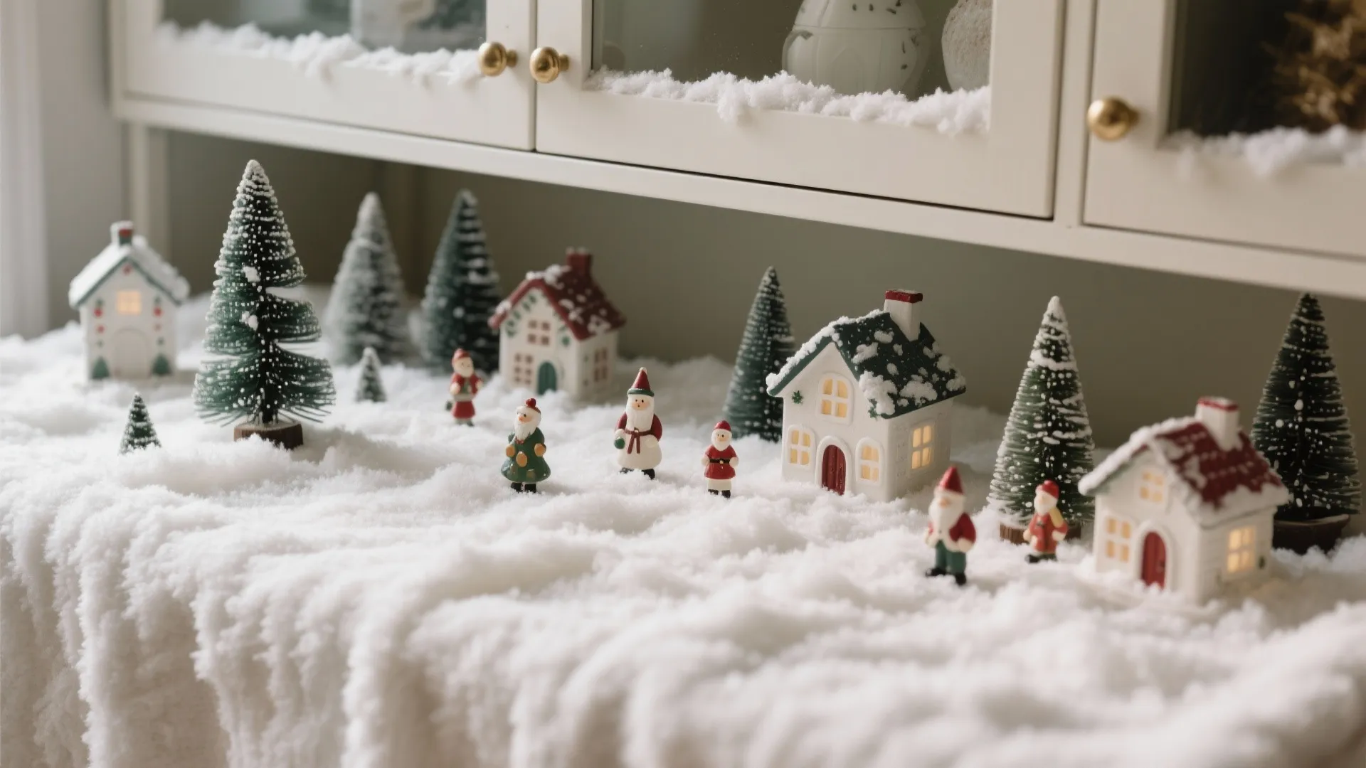 Miniature Christmas village scene with small houses and trees on a white fake snow blanket