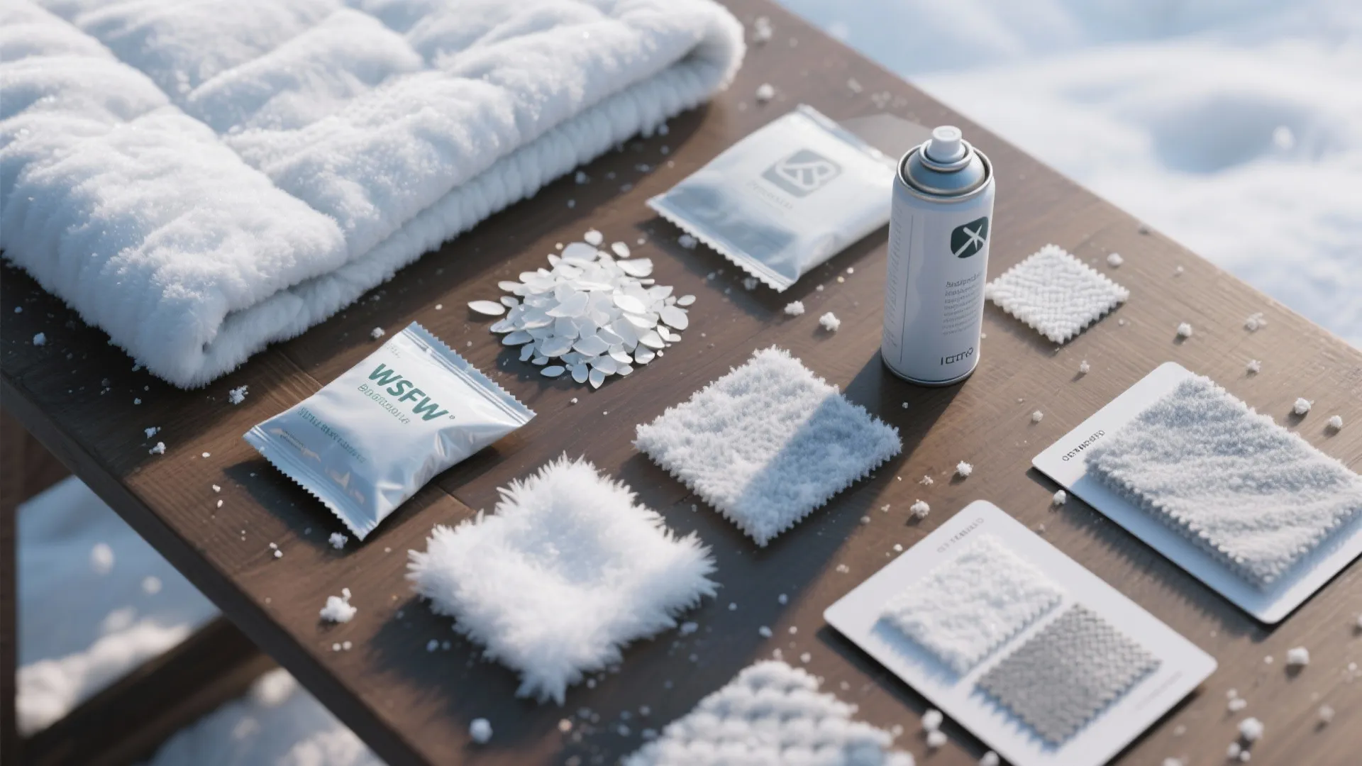Various white textured fabric samples a spray can and small packets arranged on wooden table