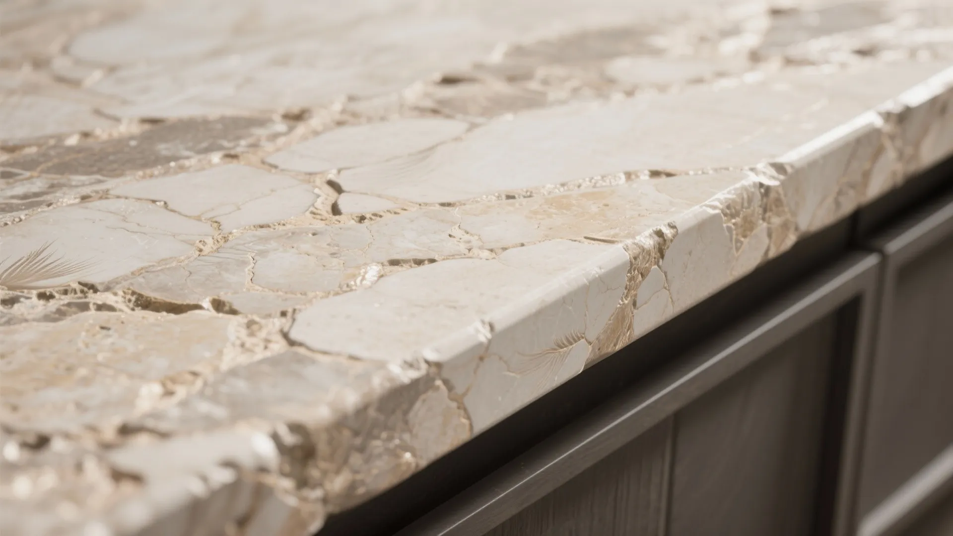 Close up of a natural beige stone countertop with detailed texture on dark kitchen cabinet