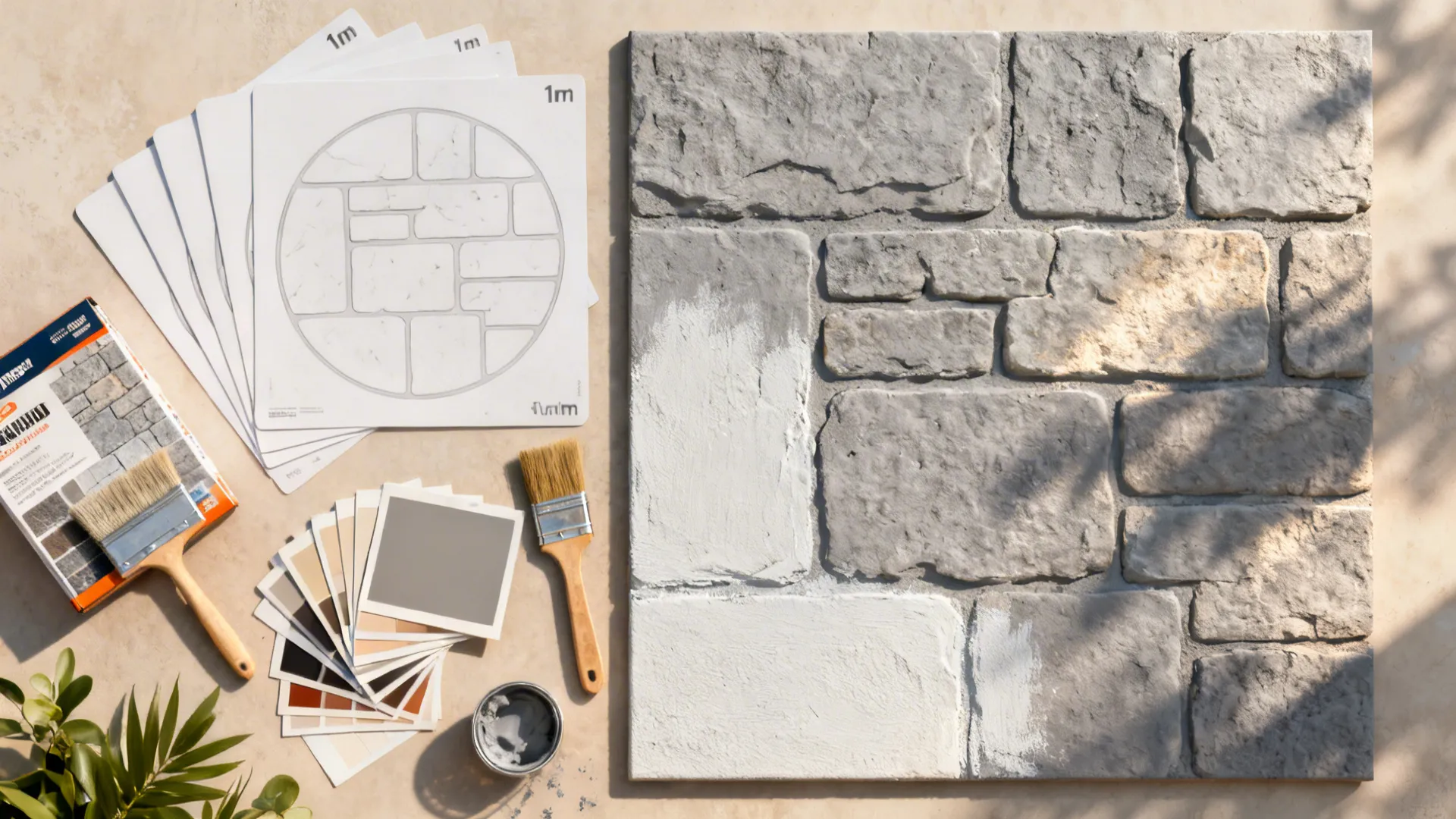 Top-down view of a DIY faux-stone kit and a painted 1x1m sample panel demonstrating layered texture.
