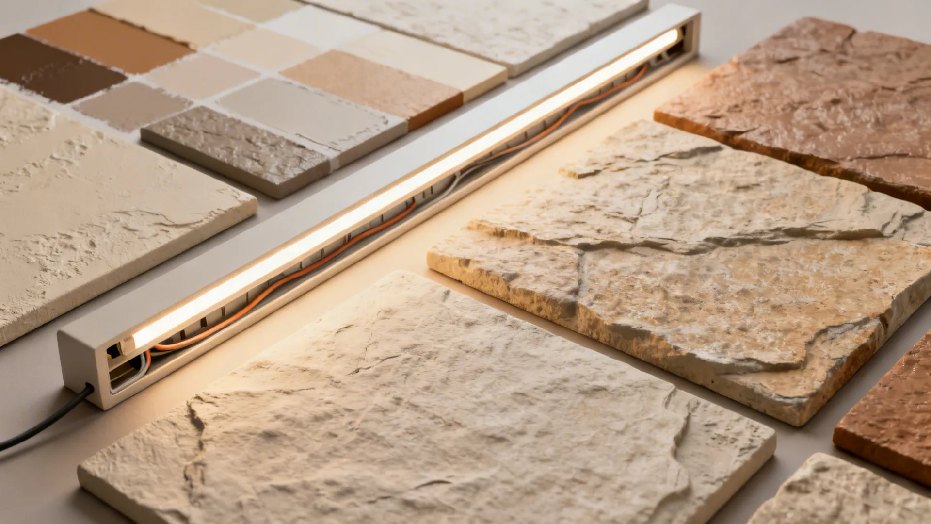 Flatlay of painted faux-stone panel samples, paint swatches, and hidden wiring channel mockup