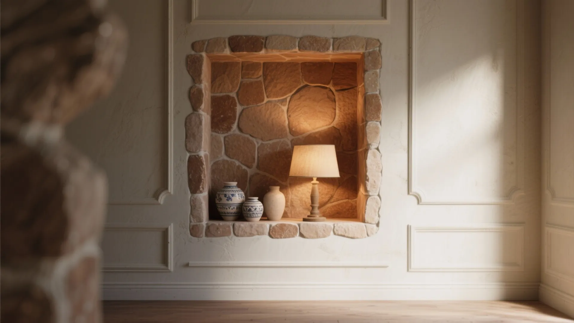 5. Accent niches with faux stone and molding