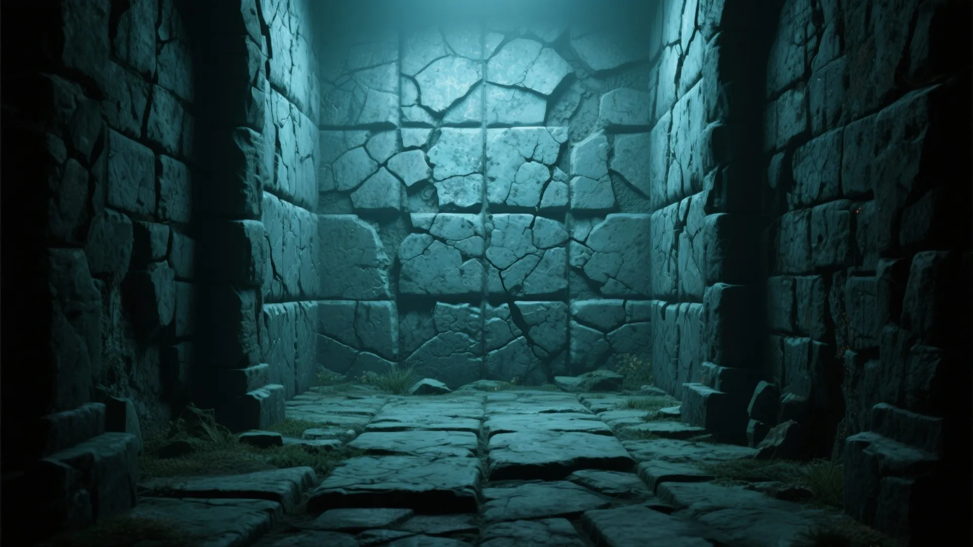 Dark stone room with cracked wall panels and a stone floor under bright blue overhead lighting