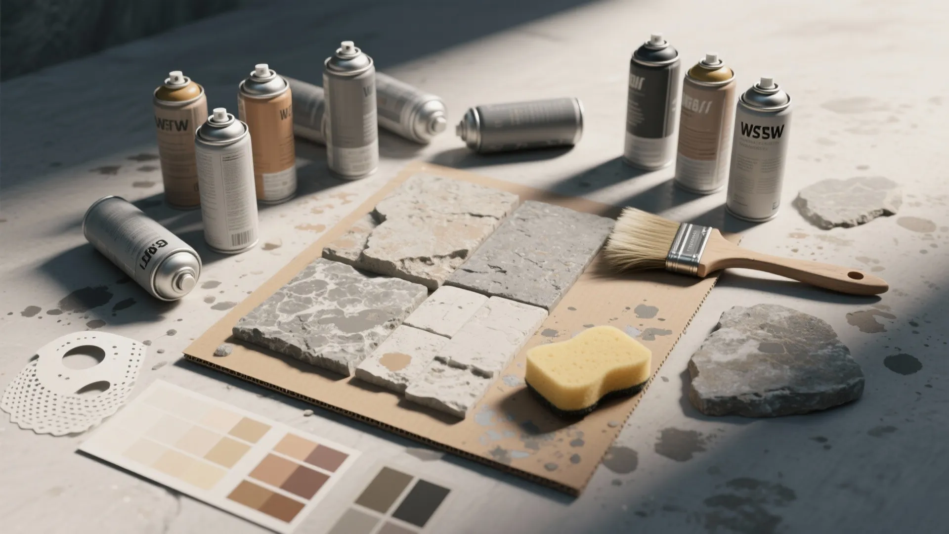Flatlay of tools and practice tiles showing spatter, feathering, and stippling for faux stone finishes