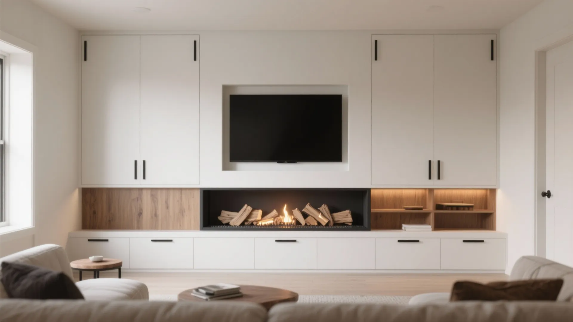 Modern white wall cabinet unit featuring a built-in television and a fireplace with wood accents