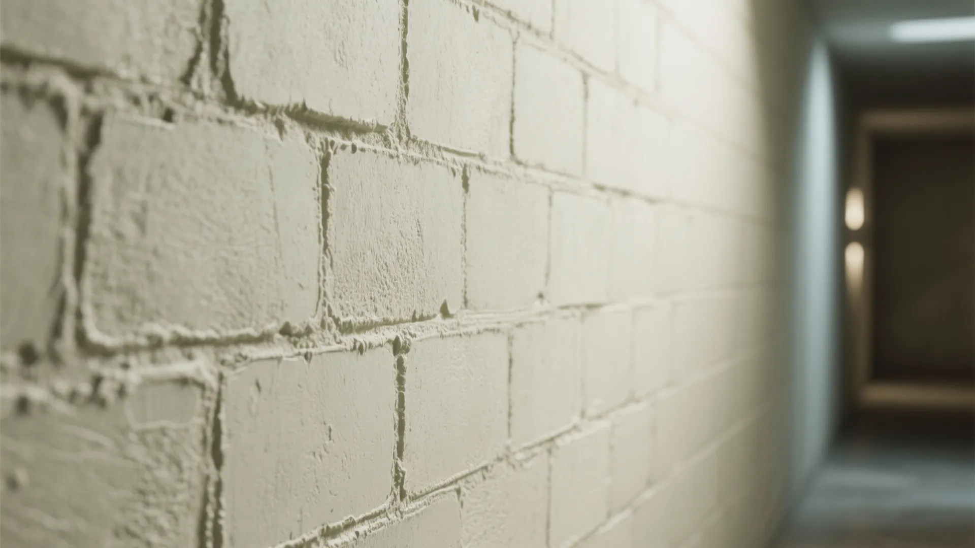 Close-up of a concrete block wall covered with a thin lime or Venetian plaster finish showing trowel texture.