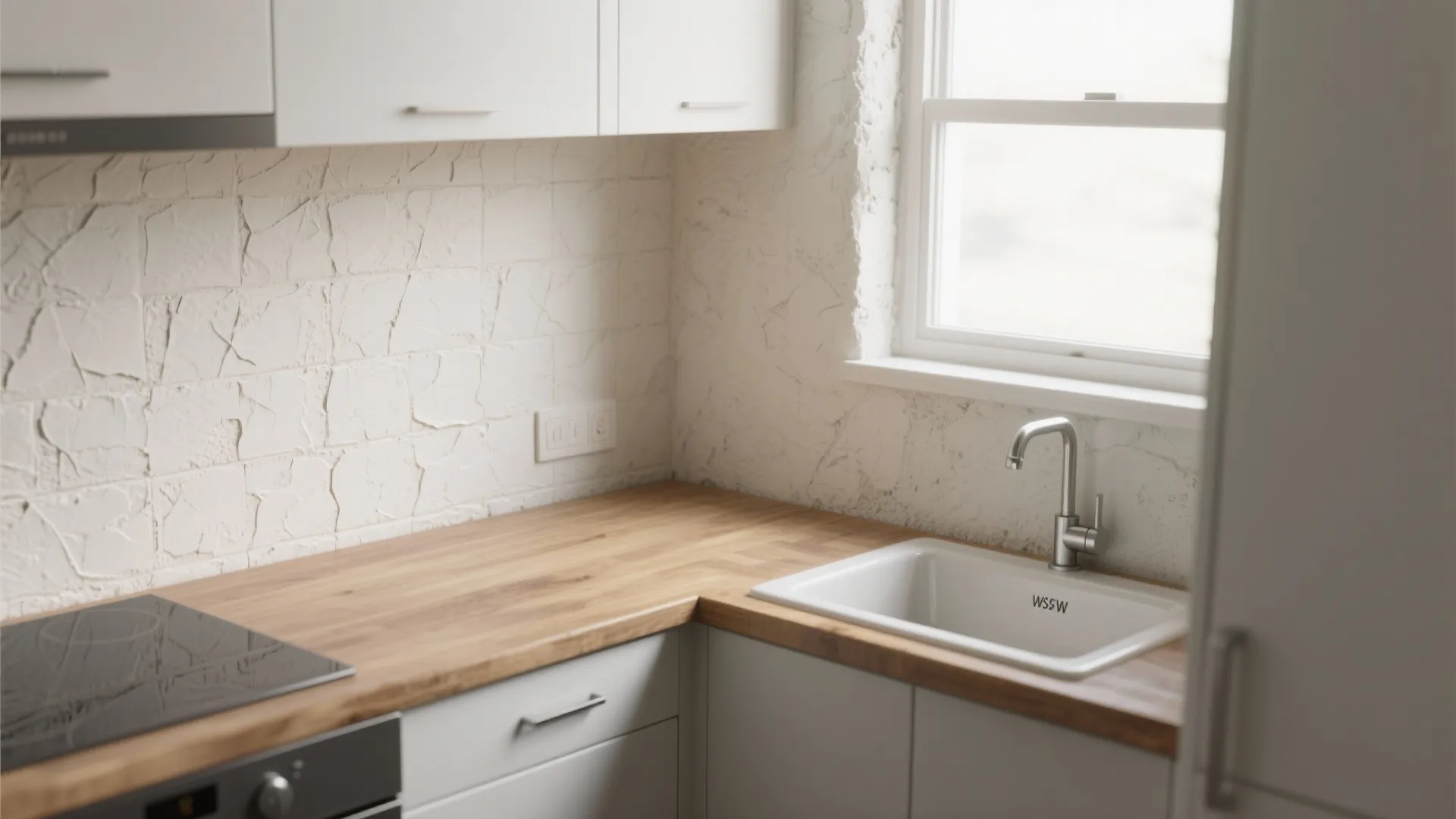 3. Faux stucco on kitchen backsplashes