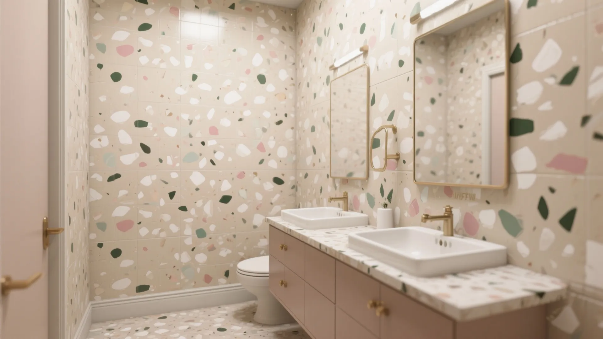Modern bathroom featuring colorful stone pattern wall tiles pink cabinet double sinks and gold faucets