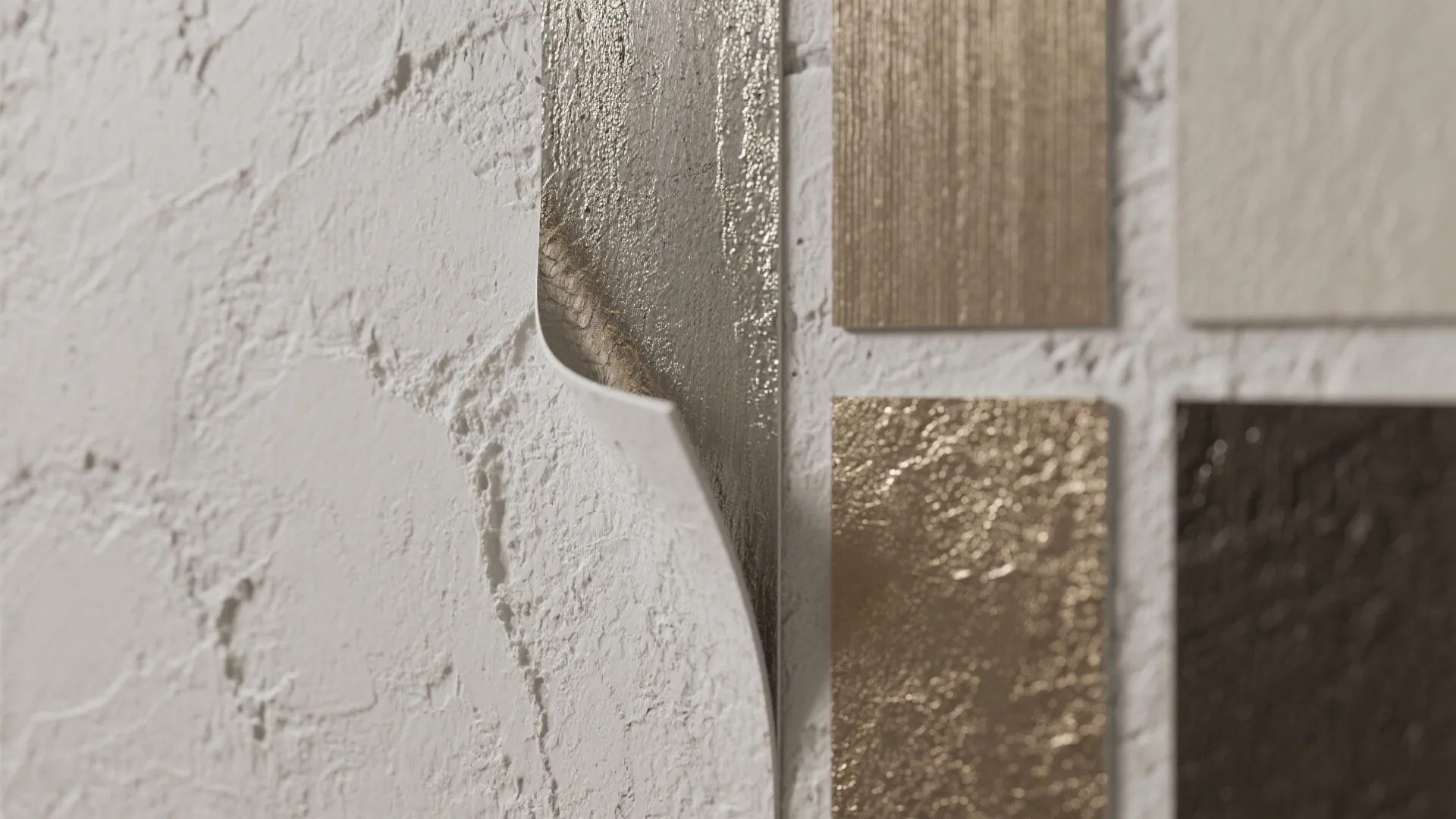 Close up of textured white wall with gold and silver samples showing different decorative finishes