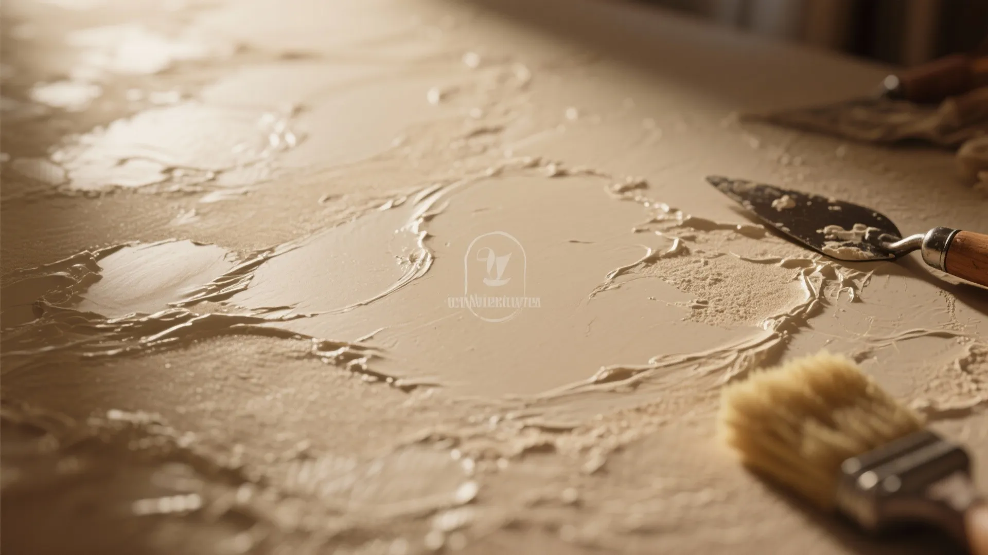 Close up of thick white wall paint texture with metal tool and small wooden handle brush