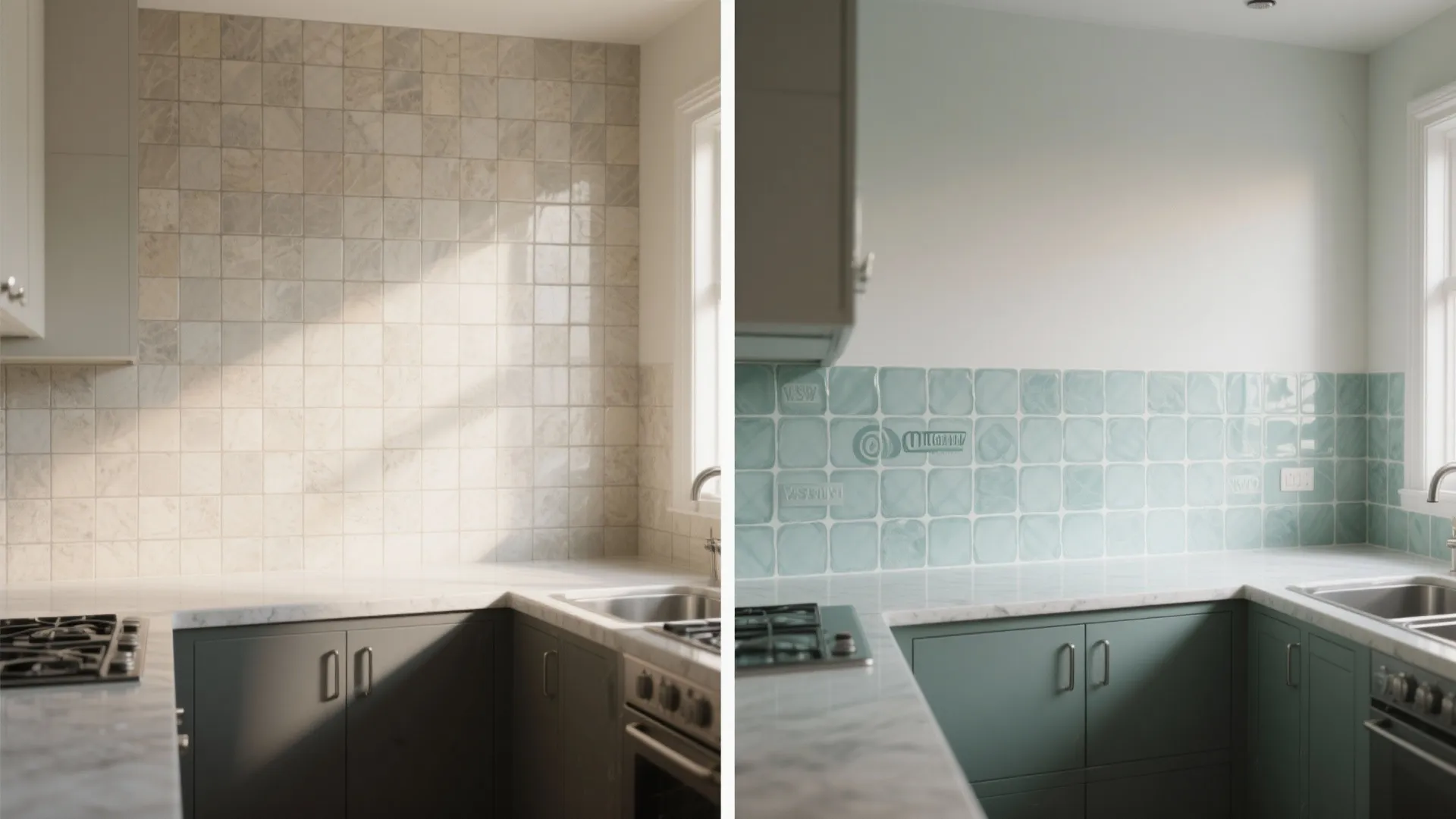 3. Faux-tile backsplash for compact kitchens