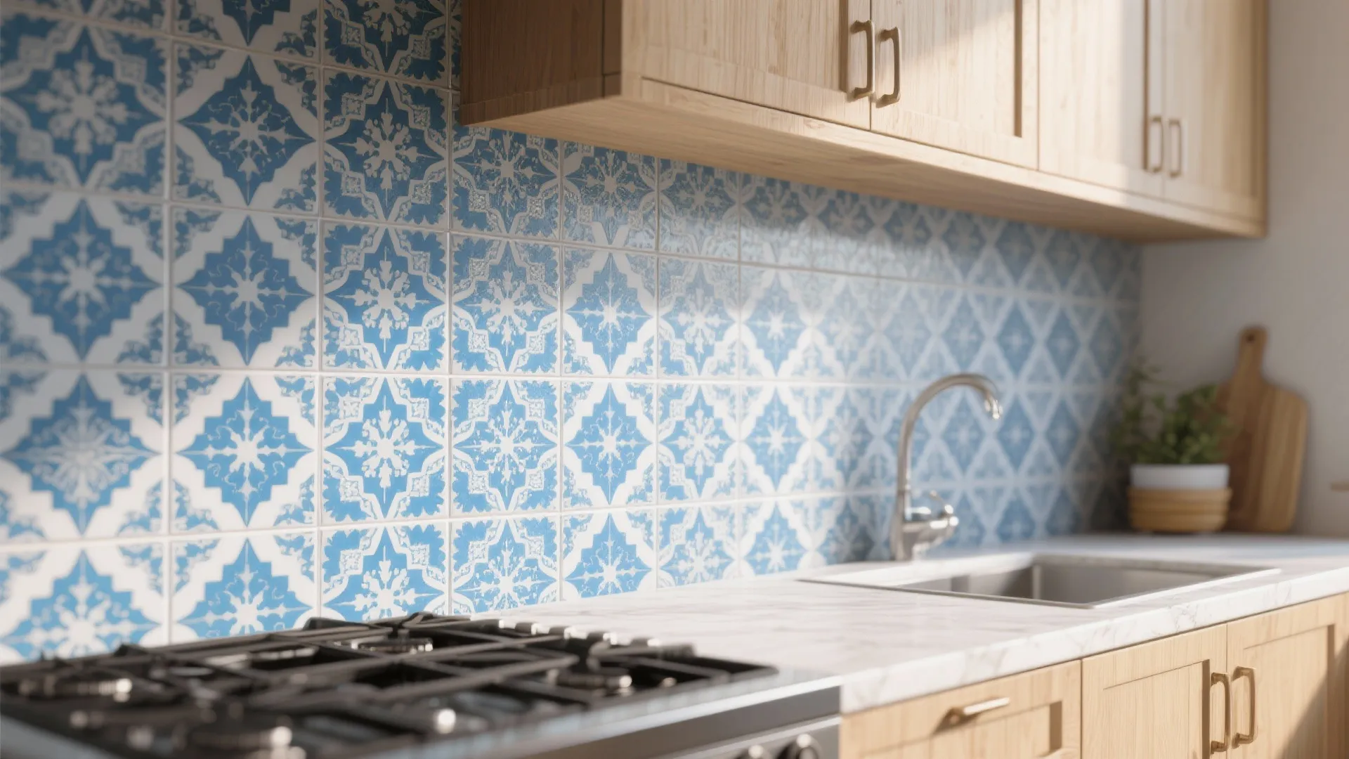 Modern kitchen with blue patterned wall tiles light wood cabinets marble countertop and a silver sink