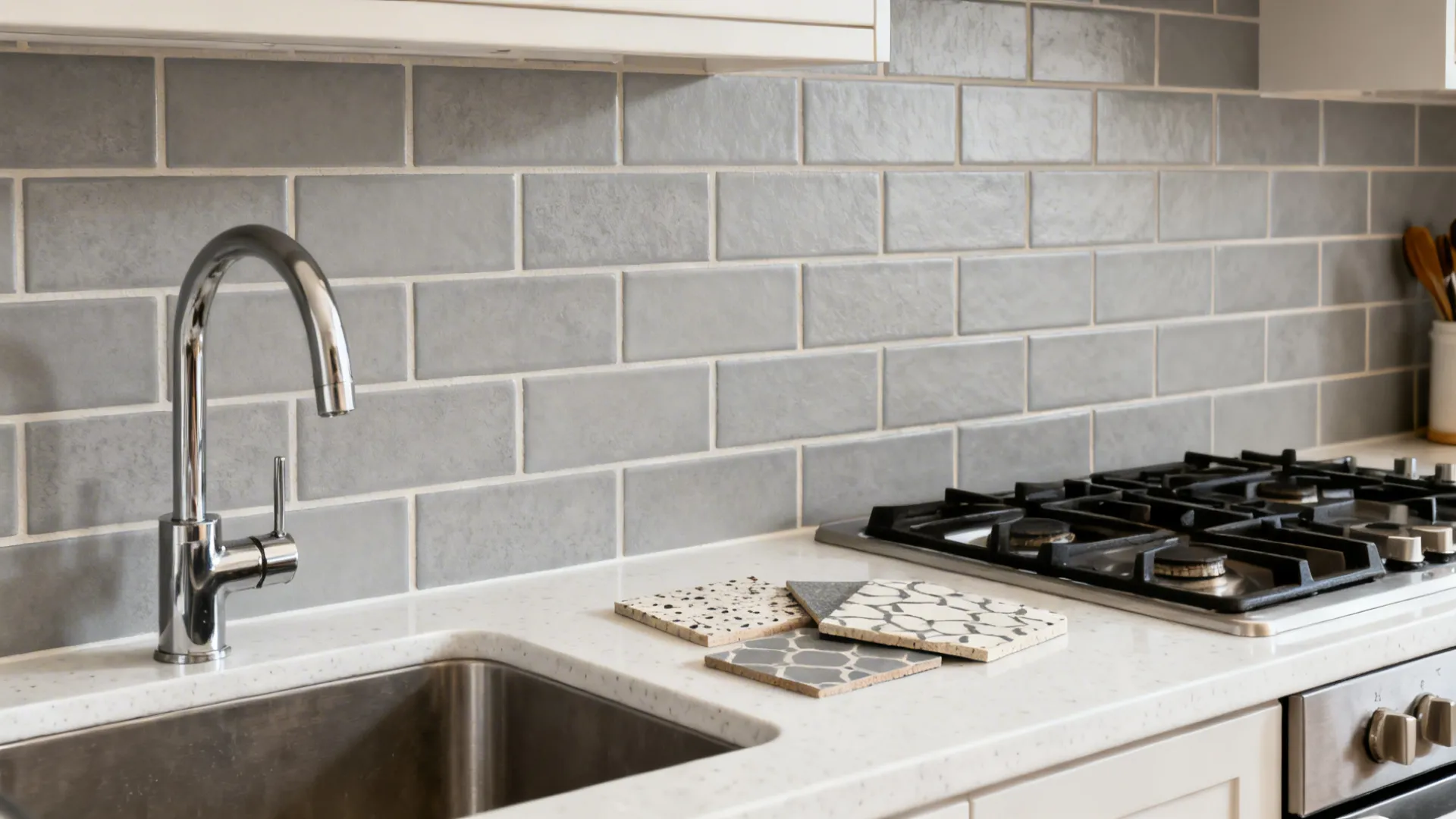 Soft gray faux subway tile decals create a clean backsplash behind a kitchen sink with matched seams.
