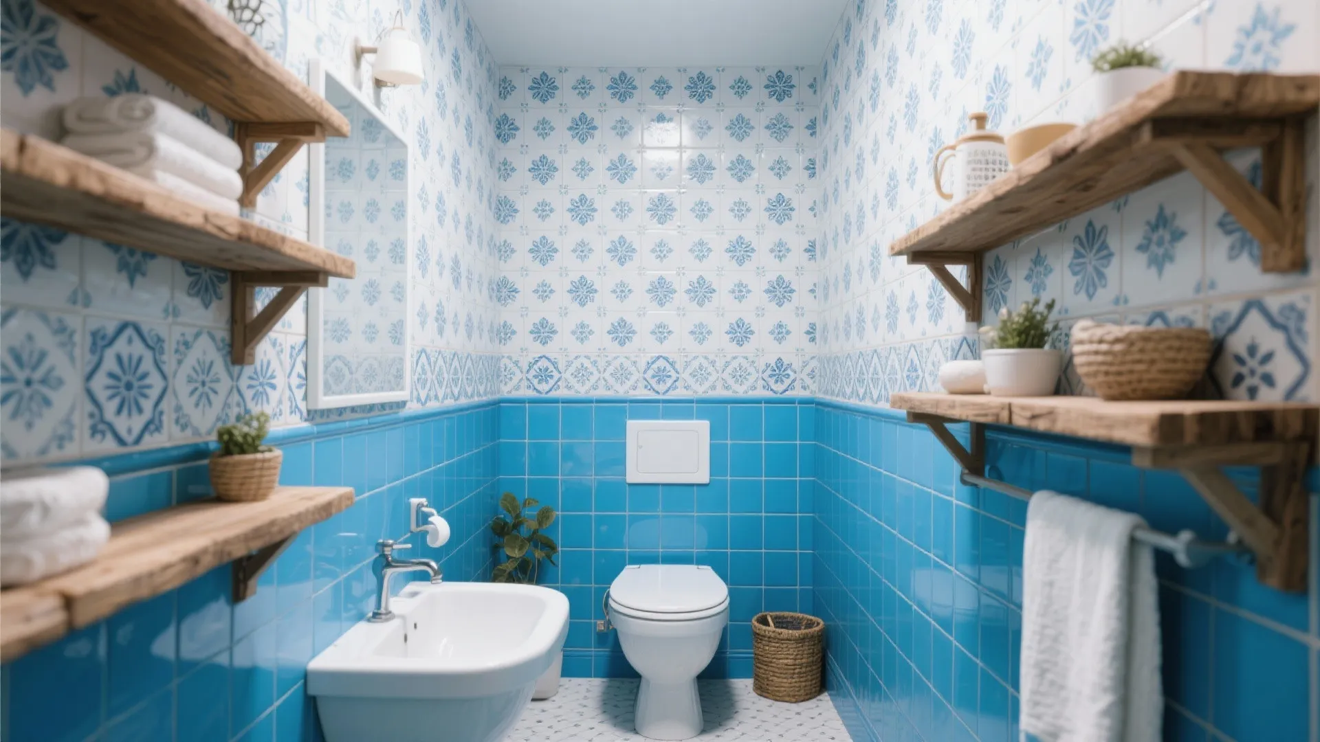 Blue and white tiled bathroom with wooden shelves, white sink, toilet, and small green plants