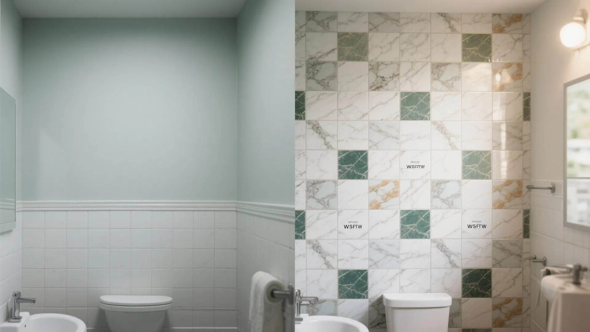 Before and after comparison of a plain bathroom wall versus new marble pattern wall tiles