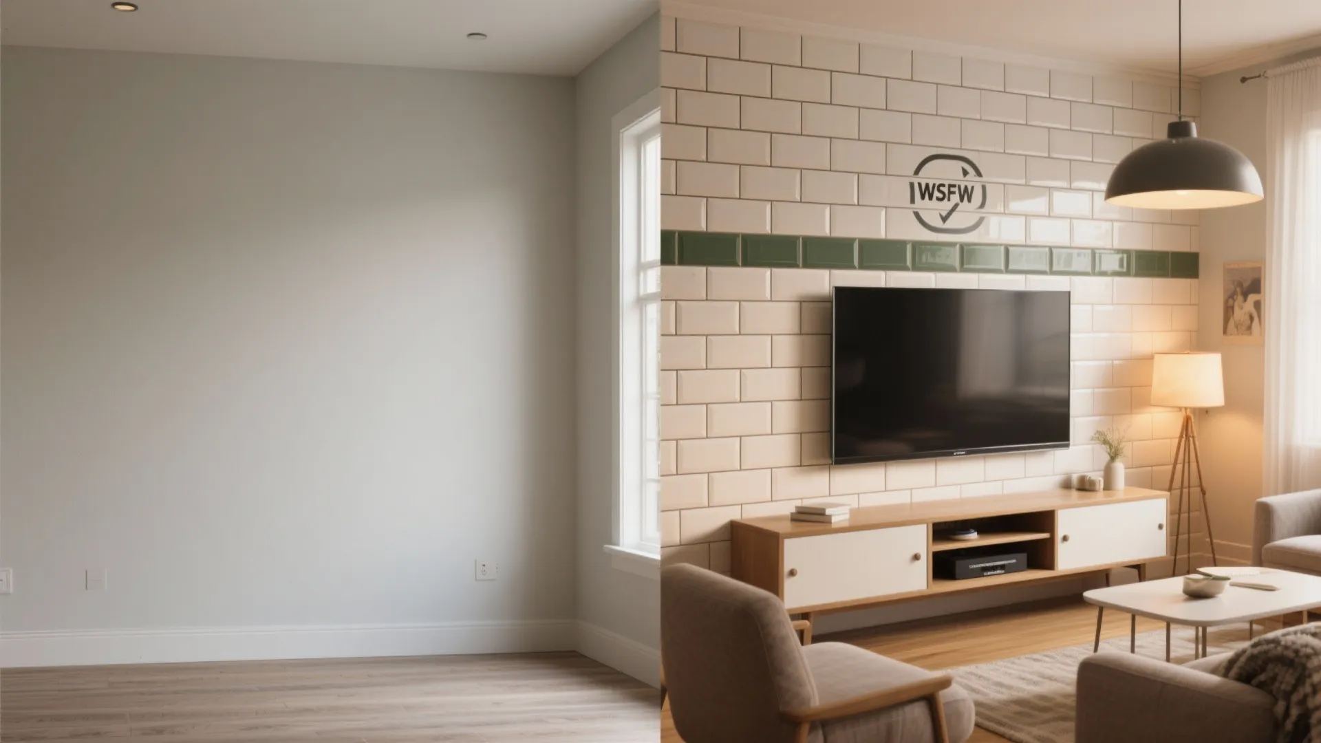 Before and after comparison of a plain white wall transformed into a tiled feature tv wall