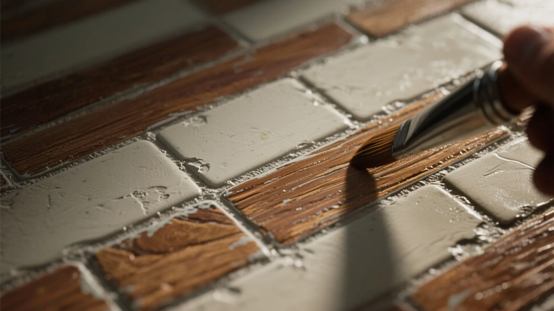 Close up of a hand painting brown wood patterns onto white floor tiles using brush
