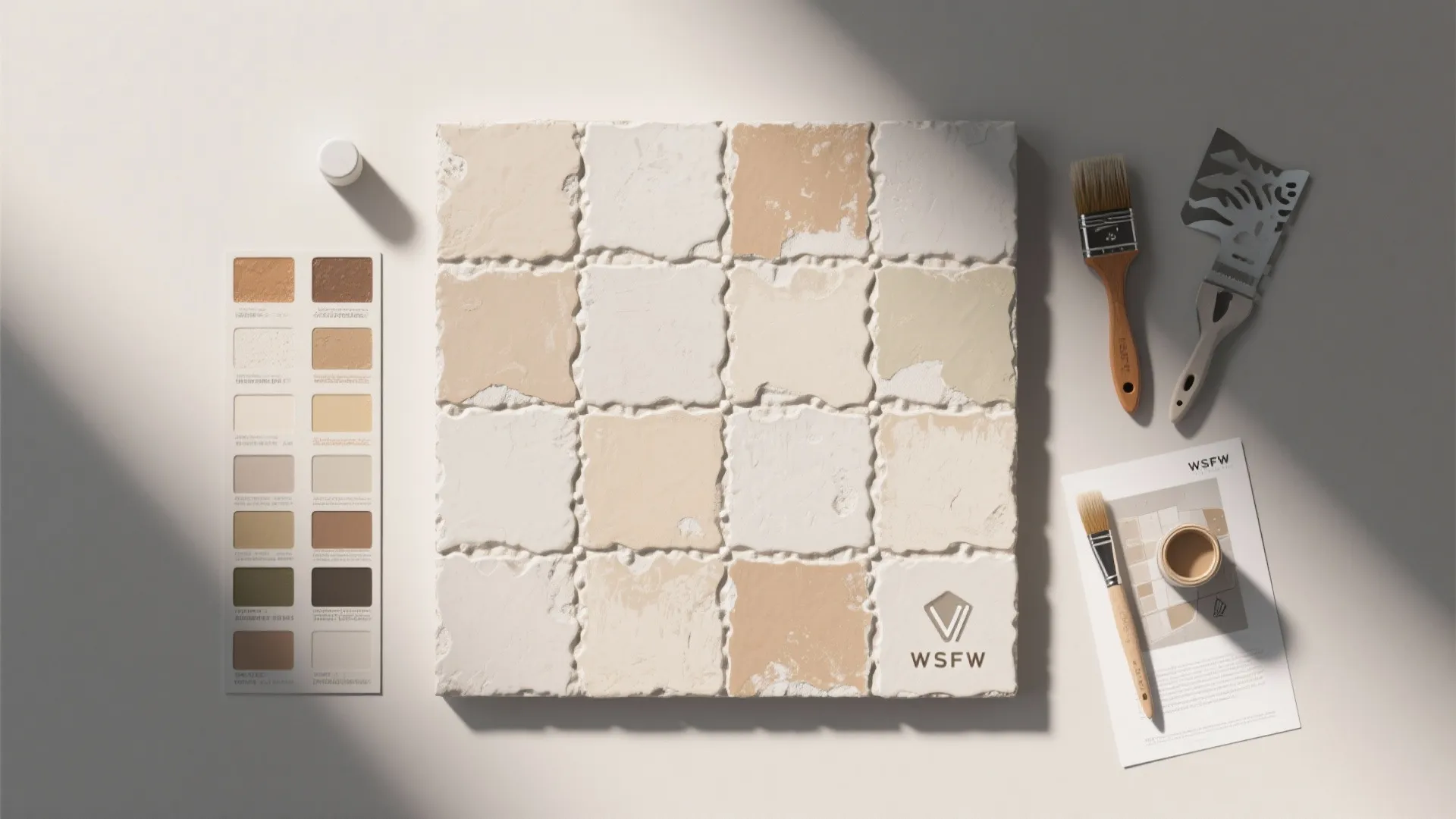 Top-down flatlay of a faux tile stencil test panel with brushes, swatches and glazing tools.