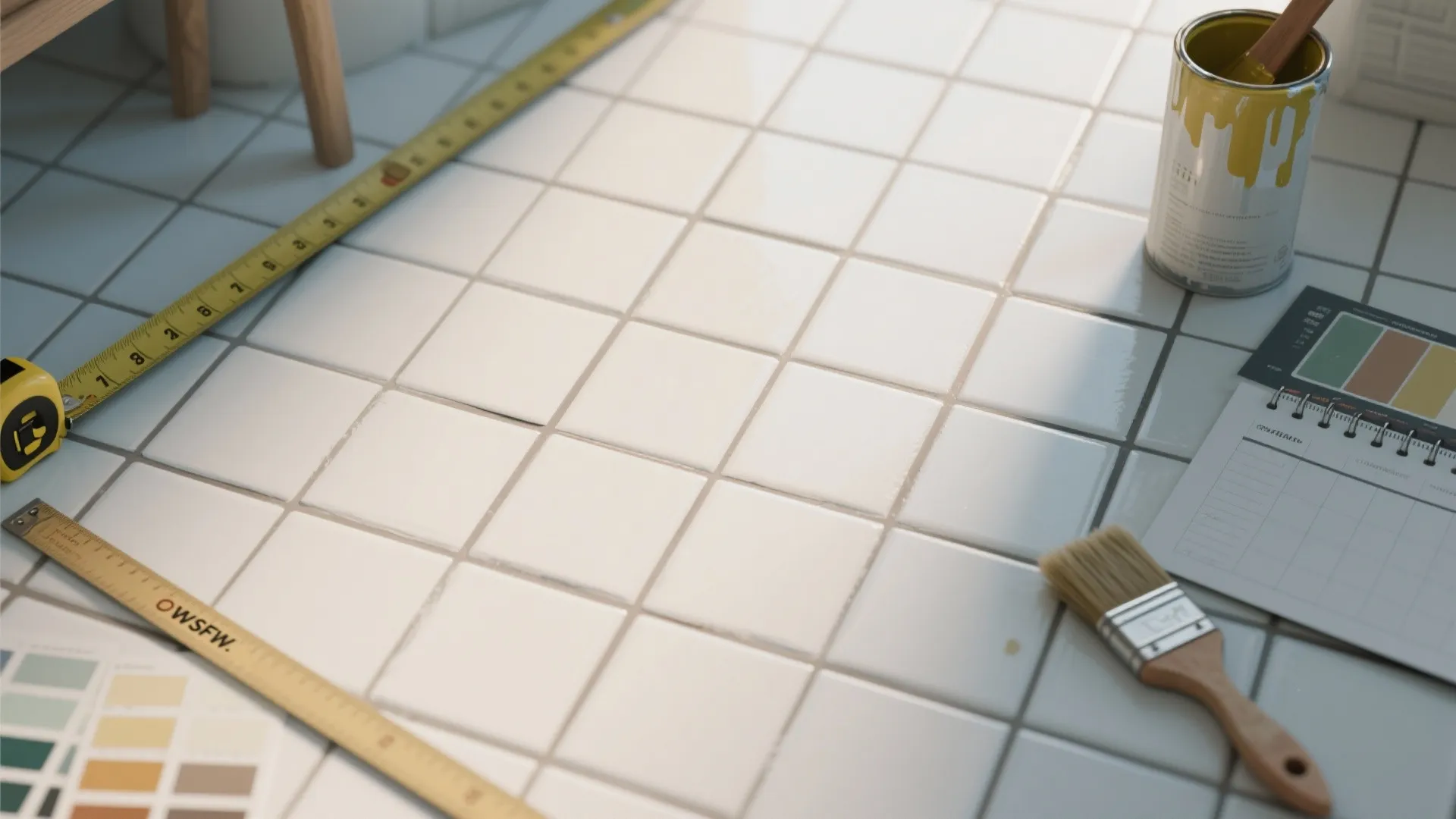 White bathroom floor tiles with measuring tape paint can brush and color swatches for renovation