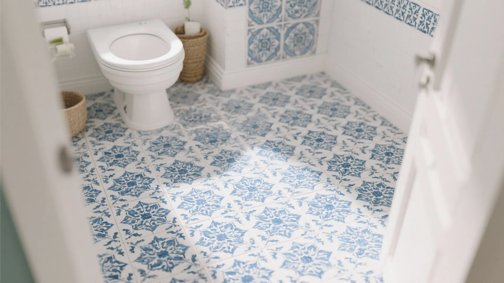 Bright bathroom interior design showing white toilet and floor with decorative blue floral pattern tiles