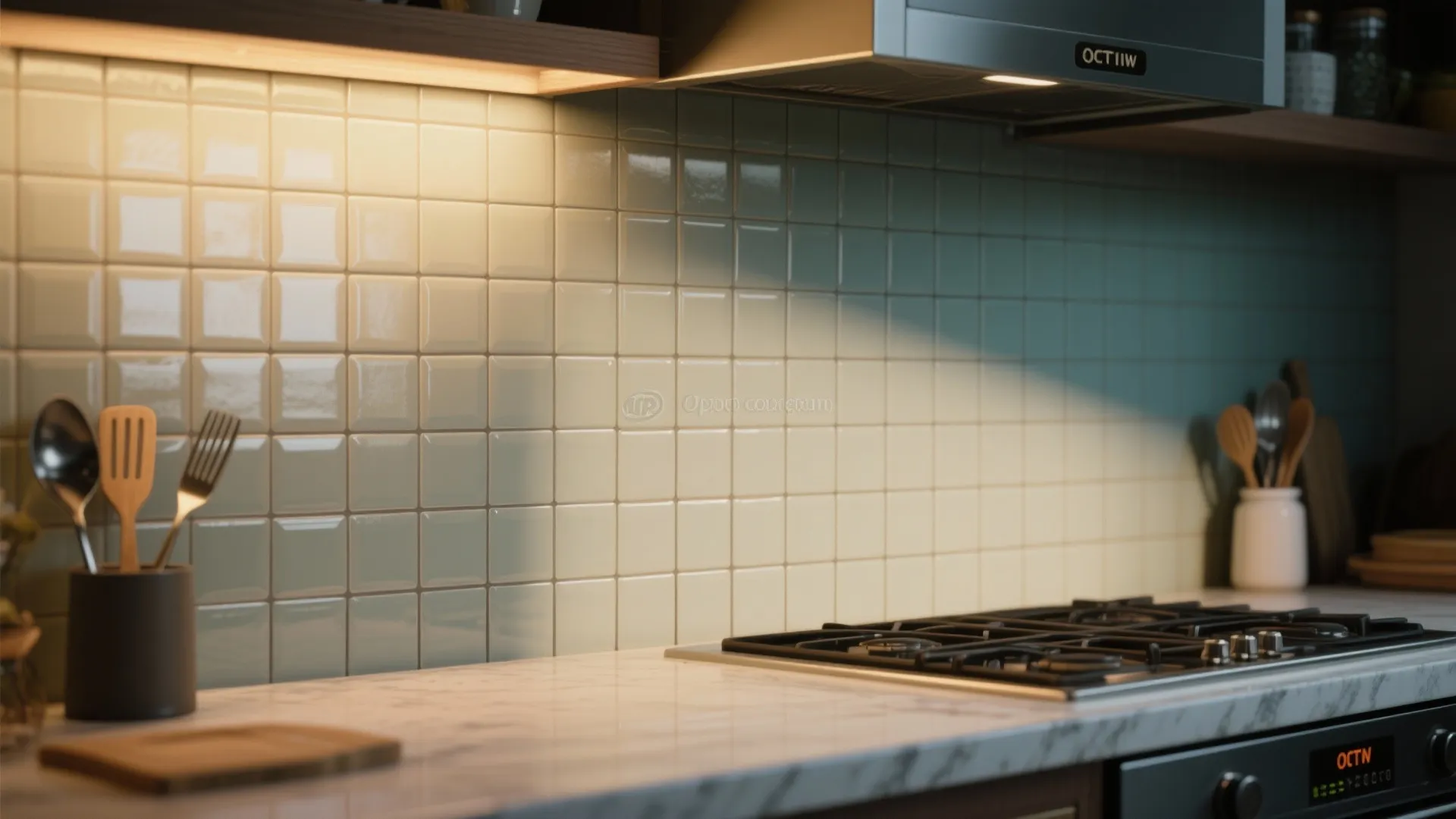 Painted faux tile grid backsplash with contrasting grout lines and sealed finish