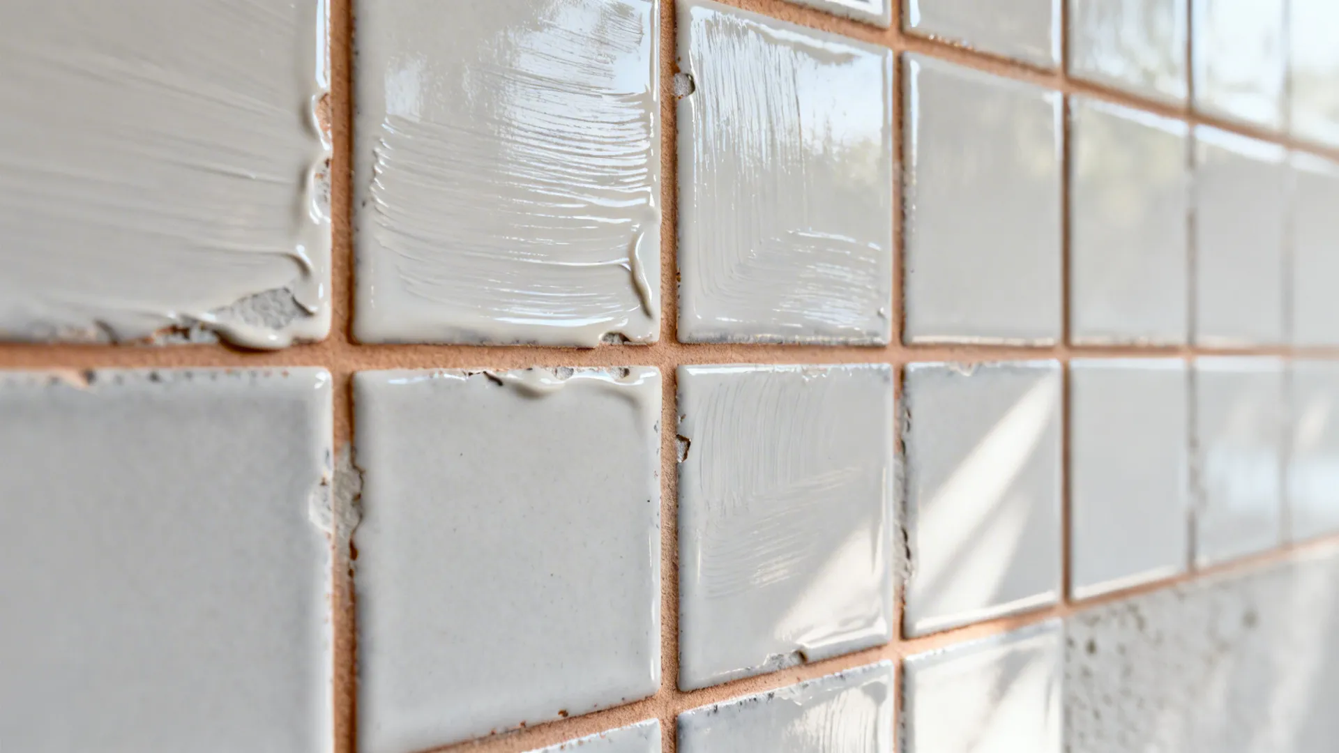 Close-up of painted faux tile squares with satin topcoat and realistic grout lines.