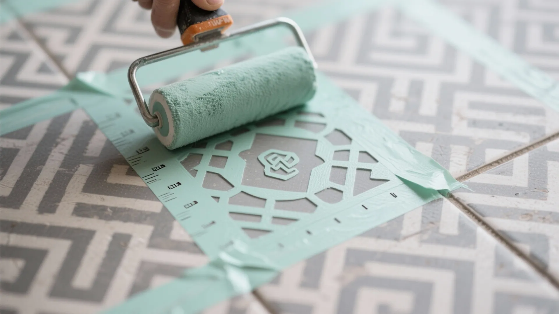 Hand using paint roller to apply green paint over stencil on grey geometric floor tiles