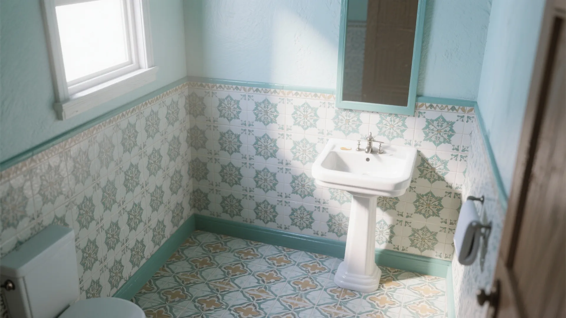 Powder room with Moroccan-inspired painted stencil floor and sealed acrylic finish