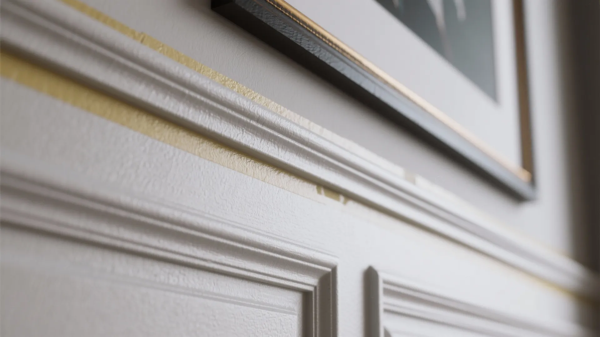 Macro detail of faux painted trim and crisp paint edges on a vinyl wall.