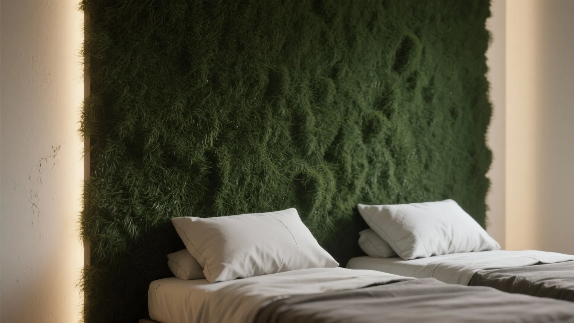 Bedroom interior featuring large green grass wall behind bed with white pillows and soft backlighting