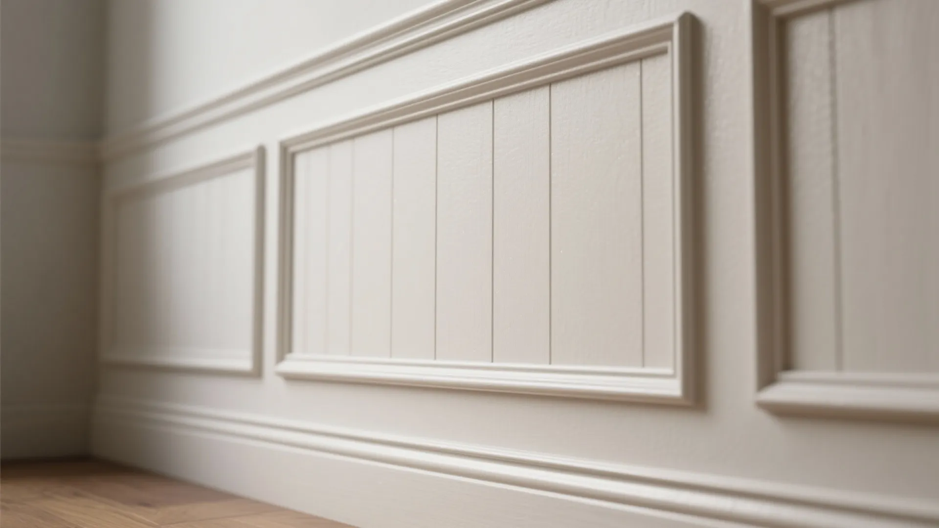 Close up view of cream white wall panel design with vertical lines on wooden floor