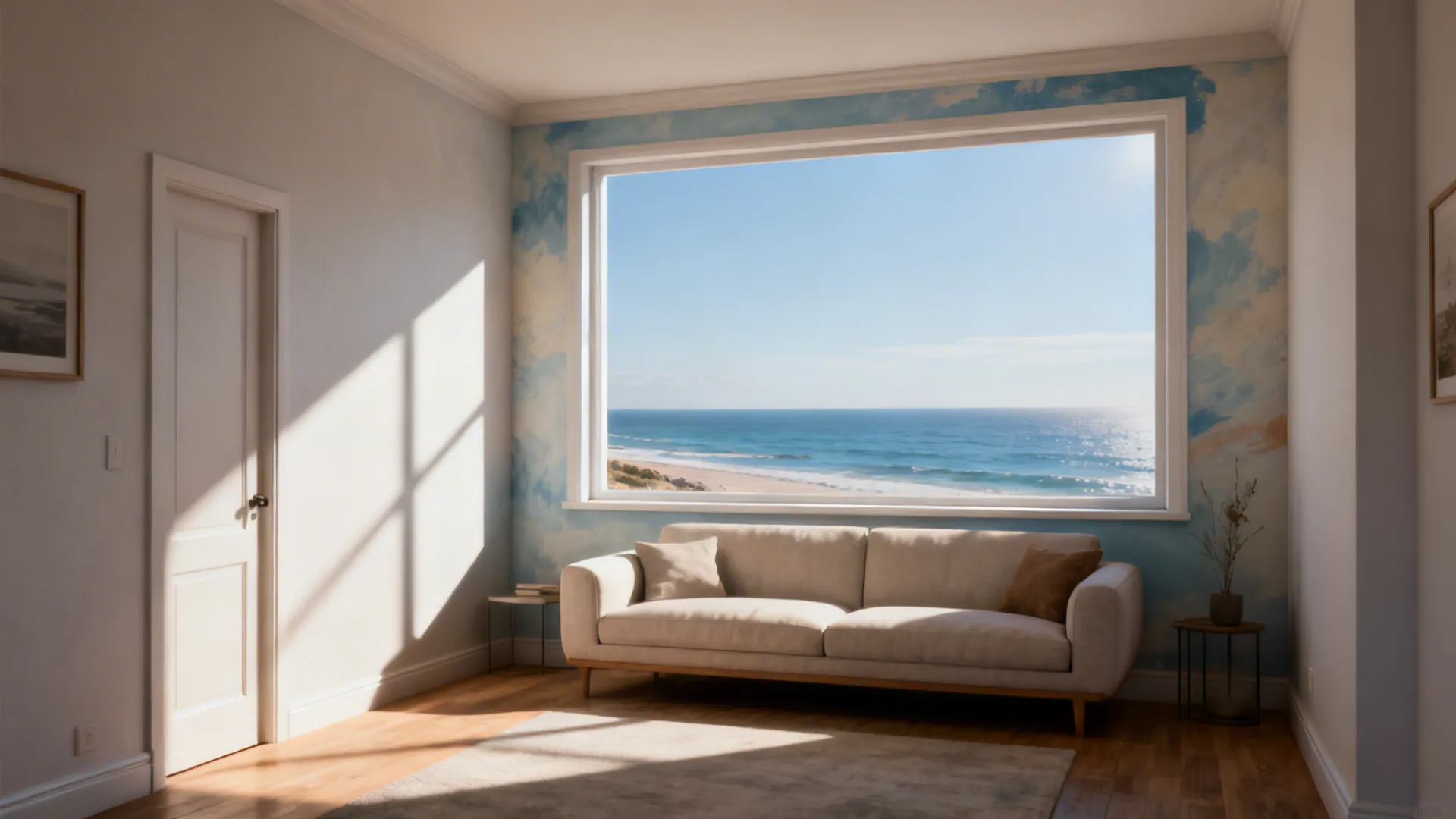 Small living room with a faux window mural of a coastal horizon that expands perceived space.